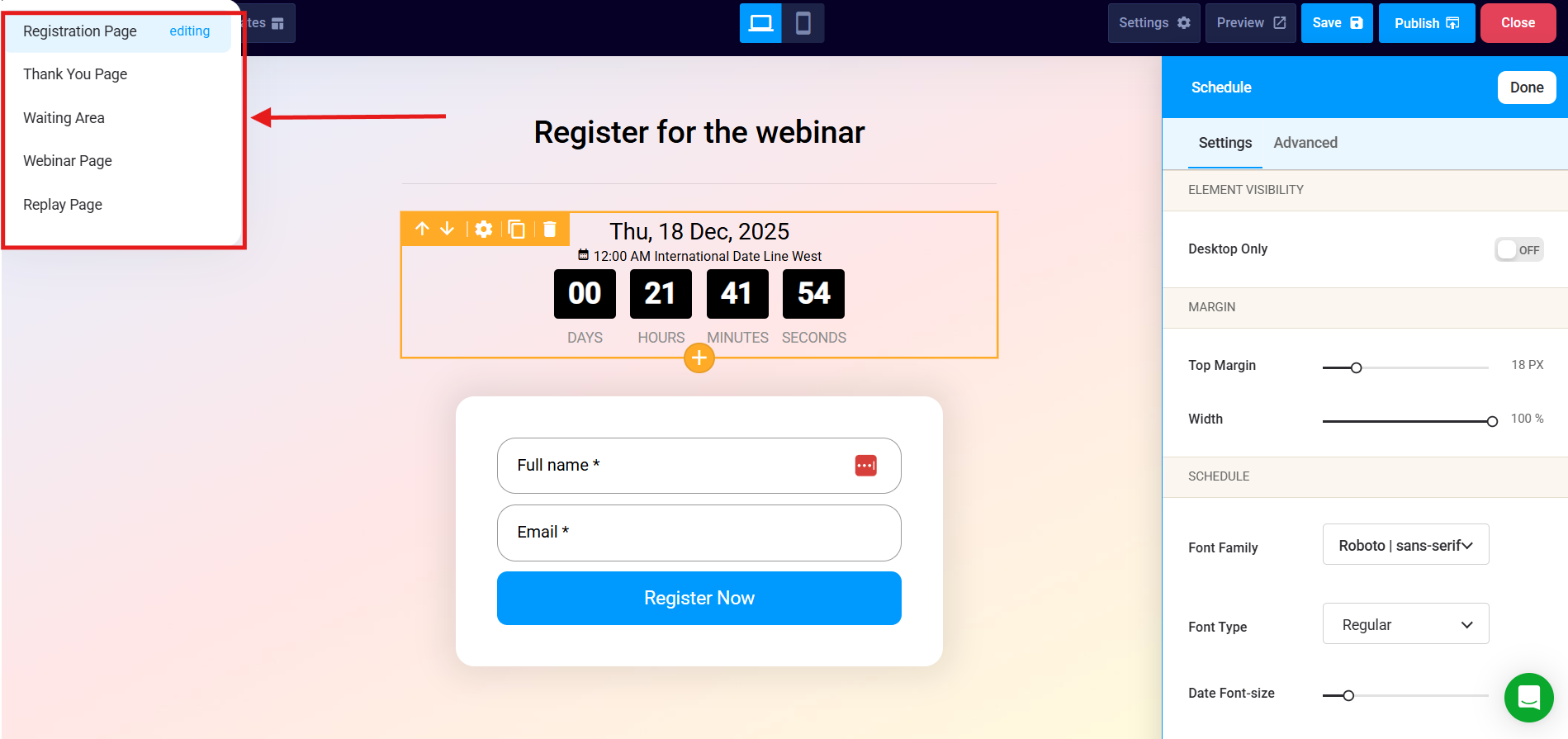 Screenshot of EasyWebinar page editor focused on Registration Page (highlighted in sidebar menu with options.
