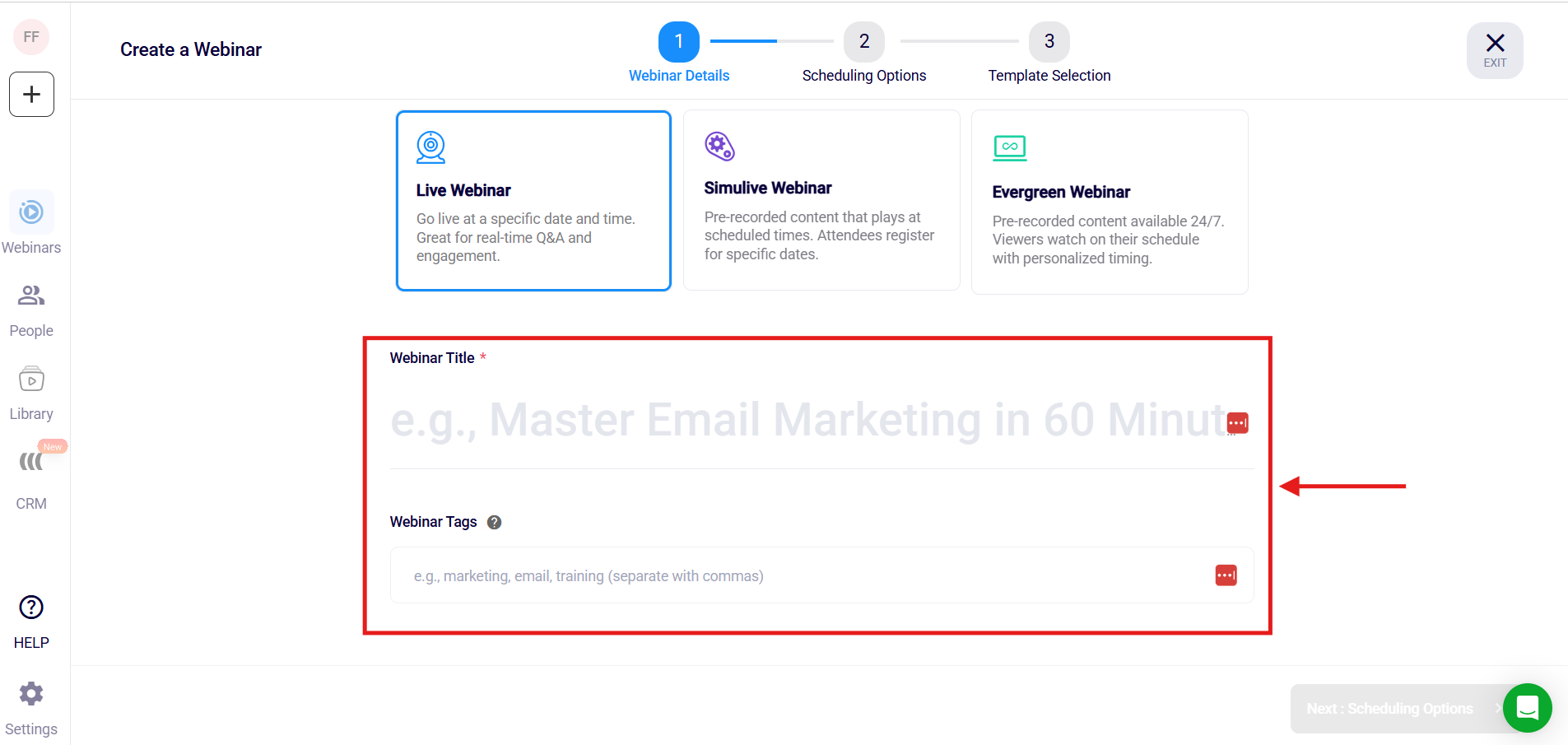 Screenshot of EasyWebinar "Create a Webinar."