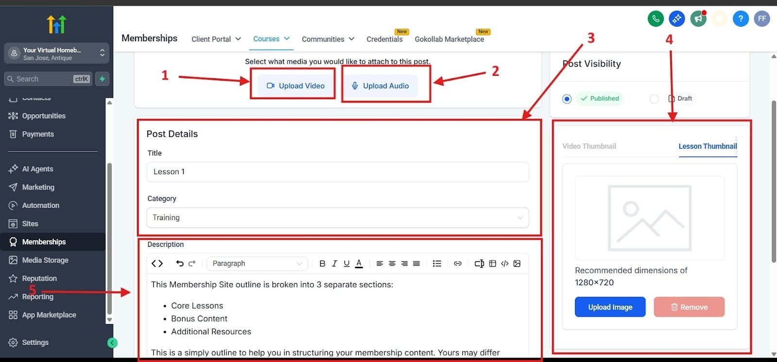 You can use the image above to see the different points of interest for lessons inside the course.
