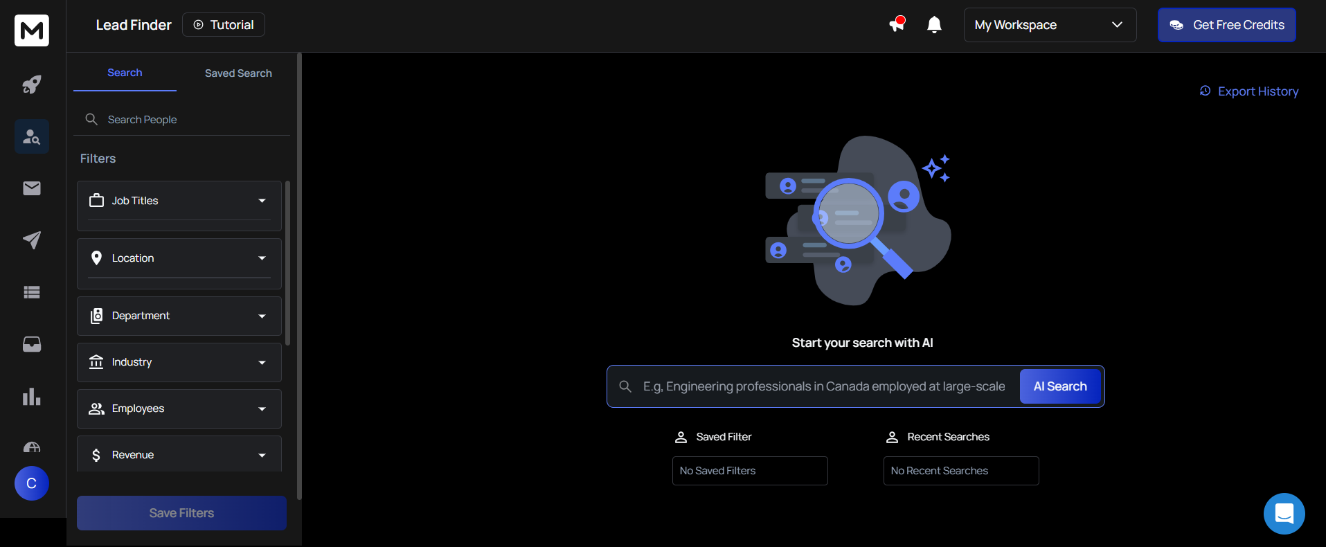 AI lead finder dashboard with filters for job title, location, and industry.