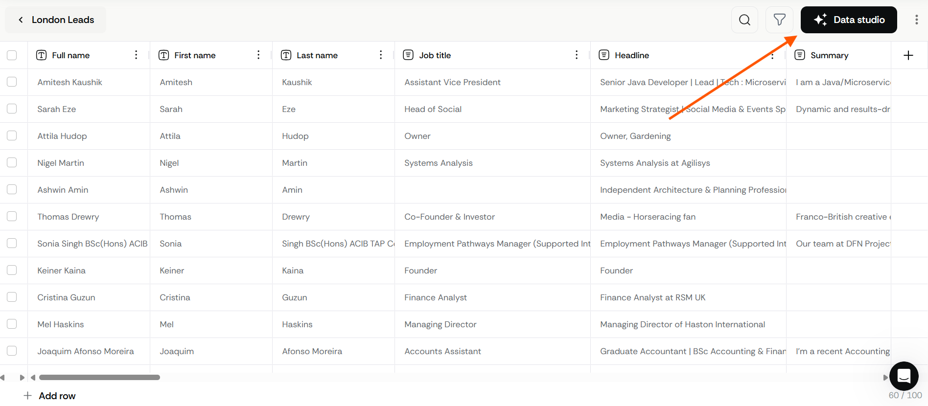 Sendr contact list view with an arrow pointing to the Data Studio button in the upper right corner