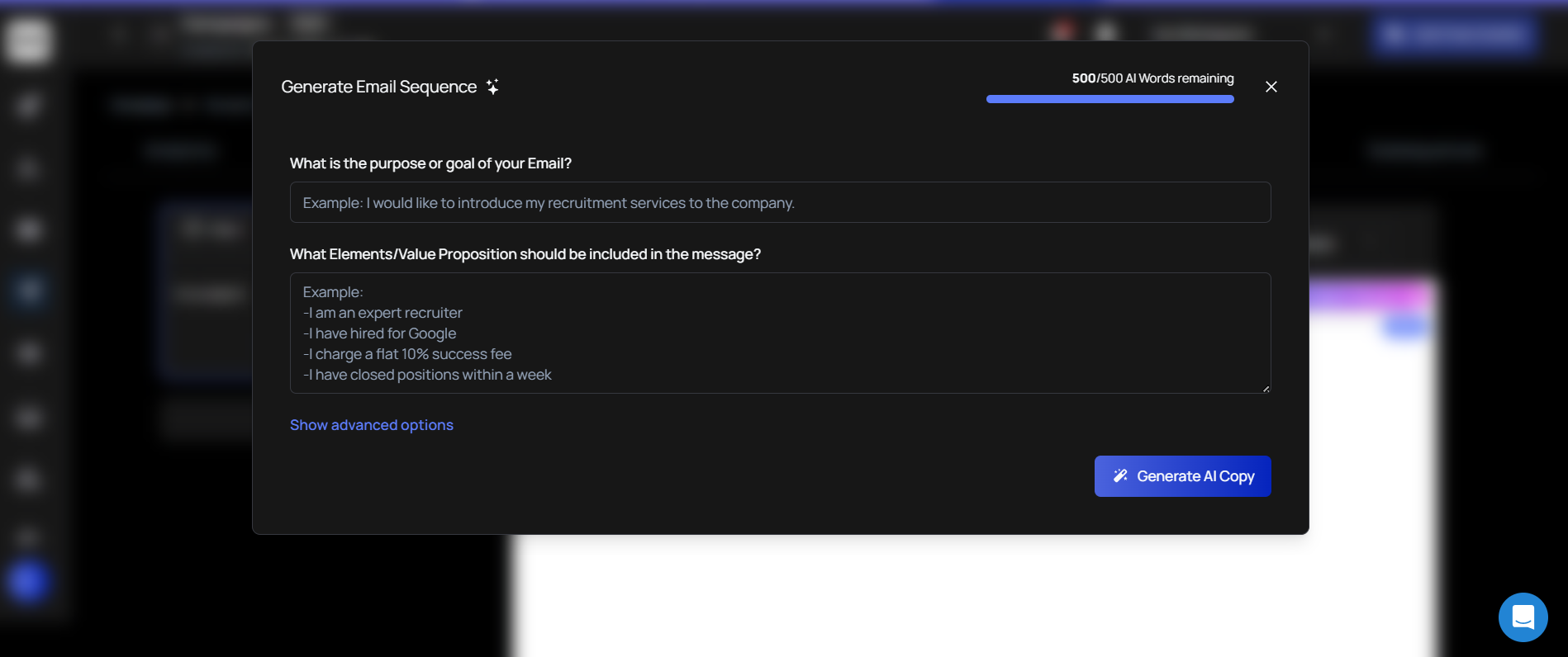 AI email sequence generator screen for creating automated outreach emails.