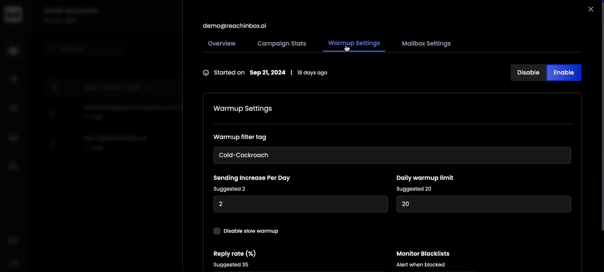 Email warmup settings screen showing AI-driven inbox warmup configuration.