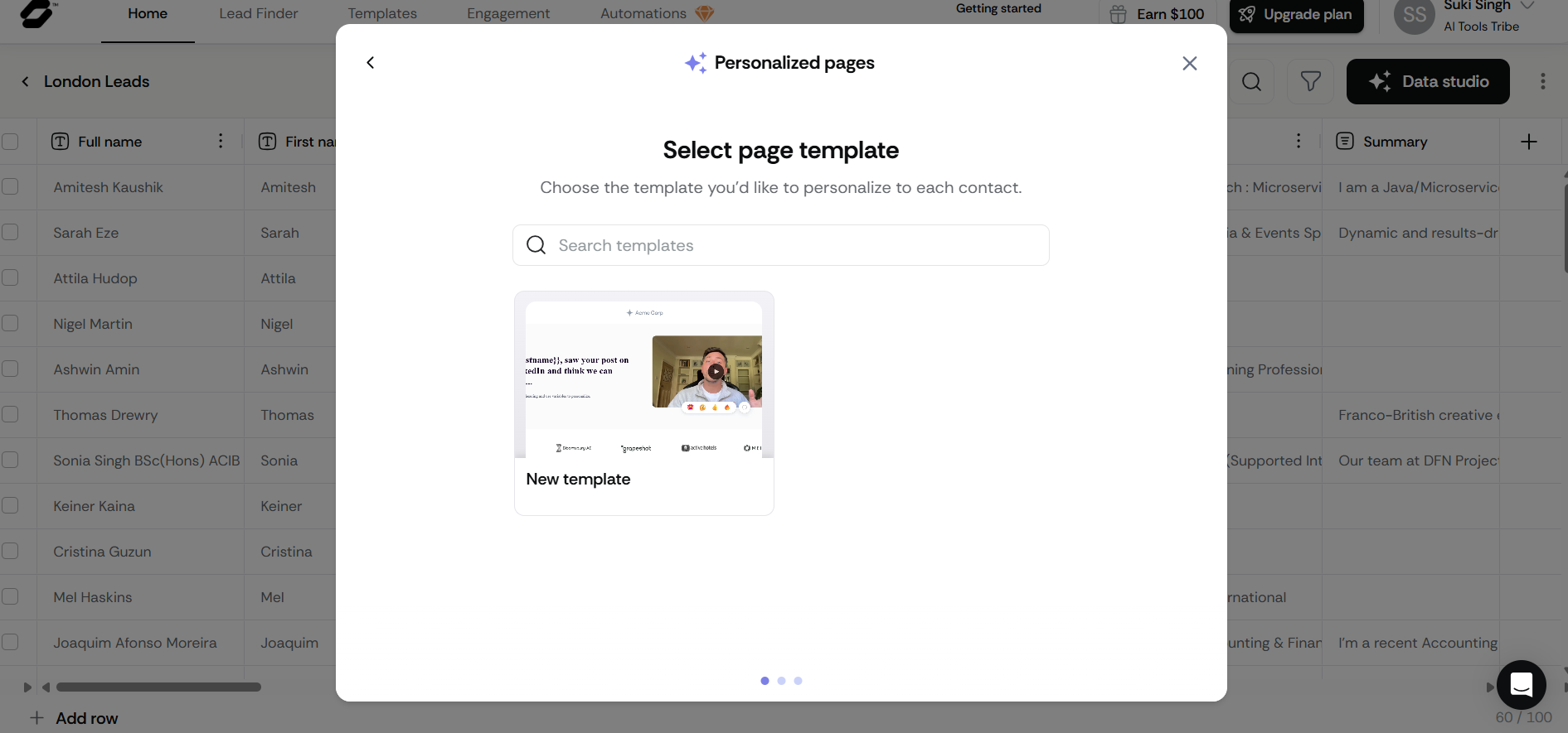 Sendr screen showing template selection page where users click a template to personalize for each contact