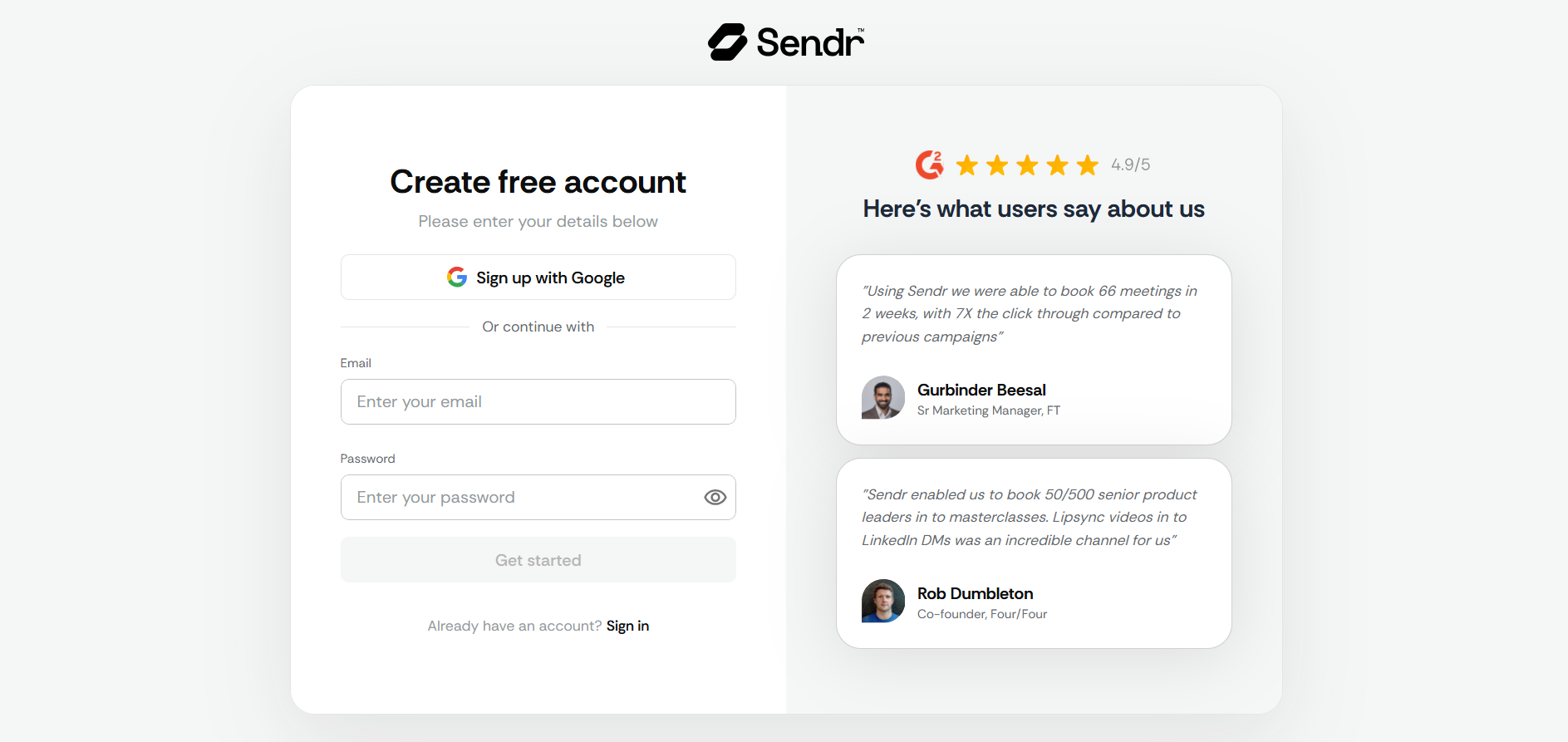 A clear shot of the Sendr landing page showing the 'Sign Up' or 'Get Started' button.
