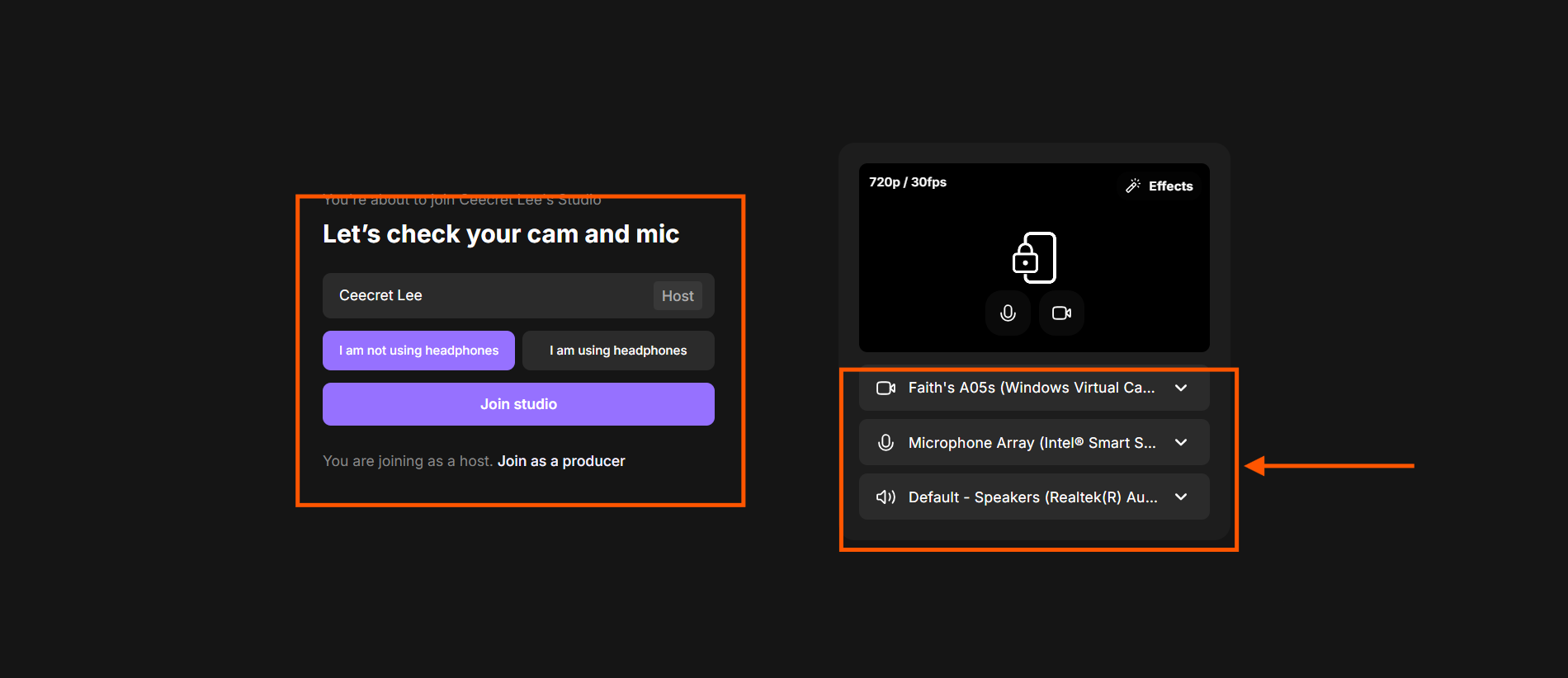 Riverside lobby screen showing pre-flight check with camera, microphone, and speaker settings before entering the studio.