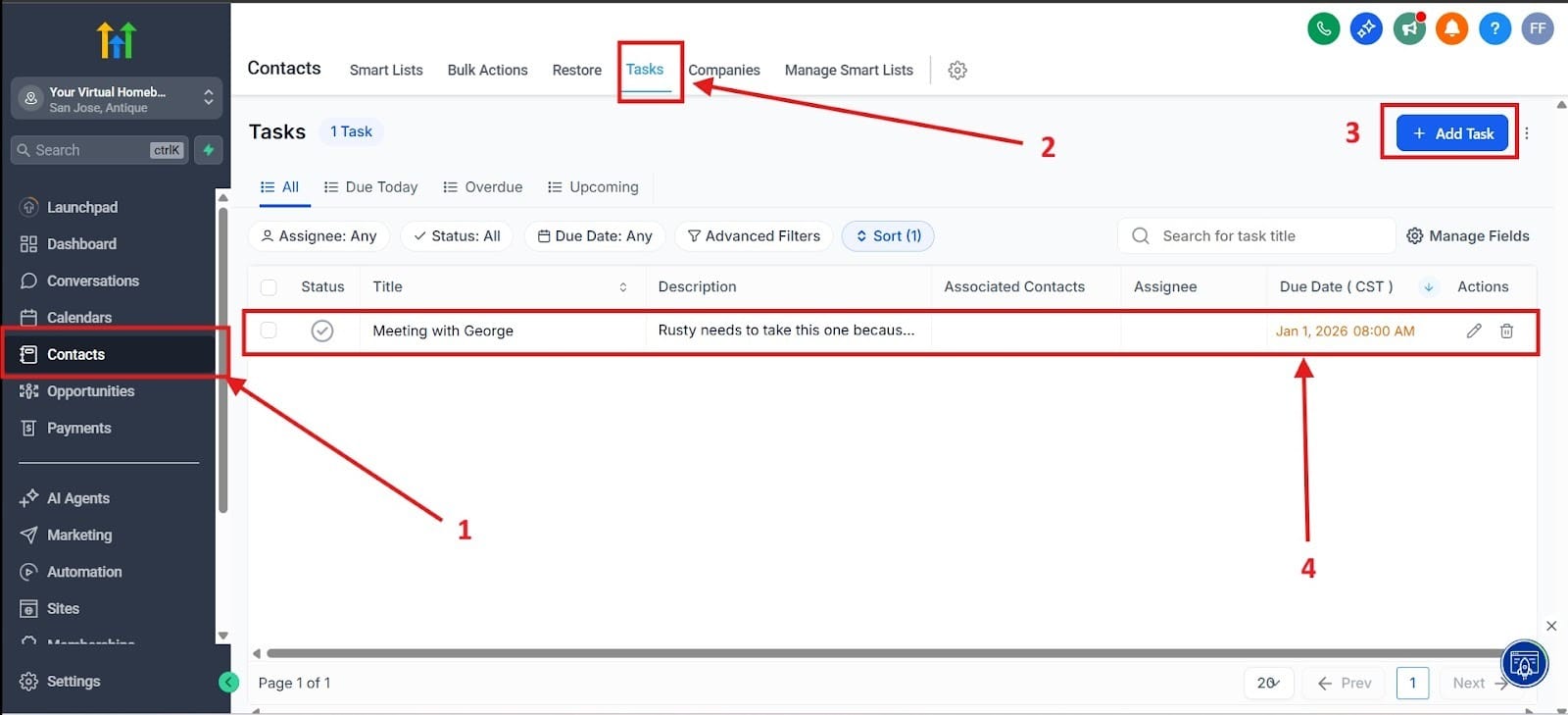 The image here shows you how to get to the Tasks report and how to create tasks.