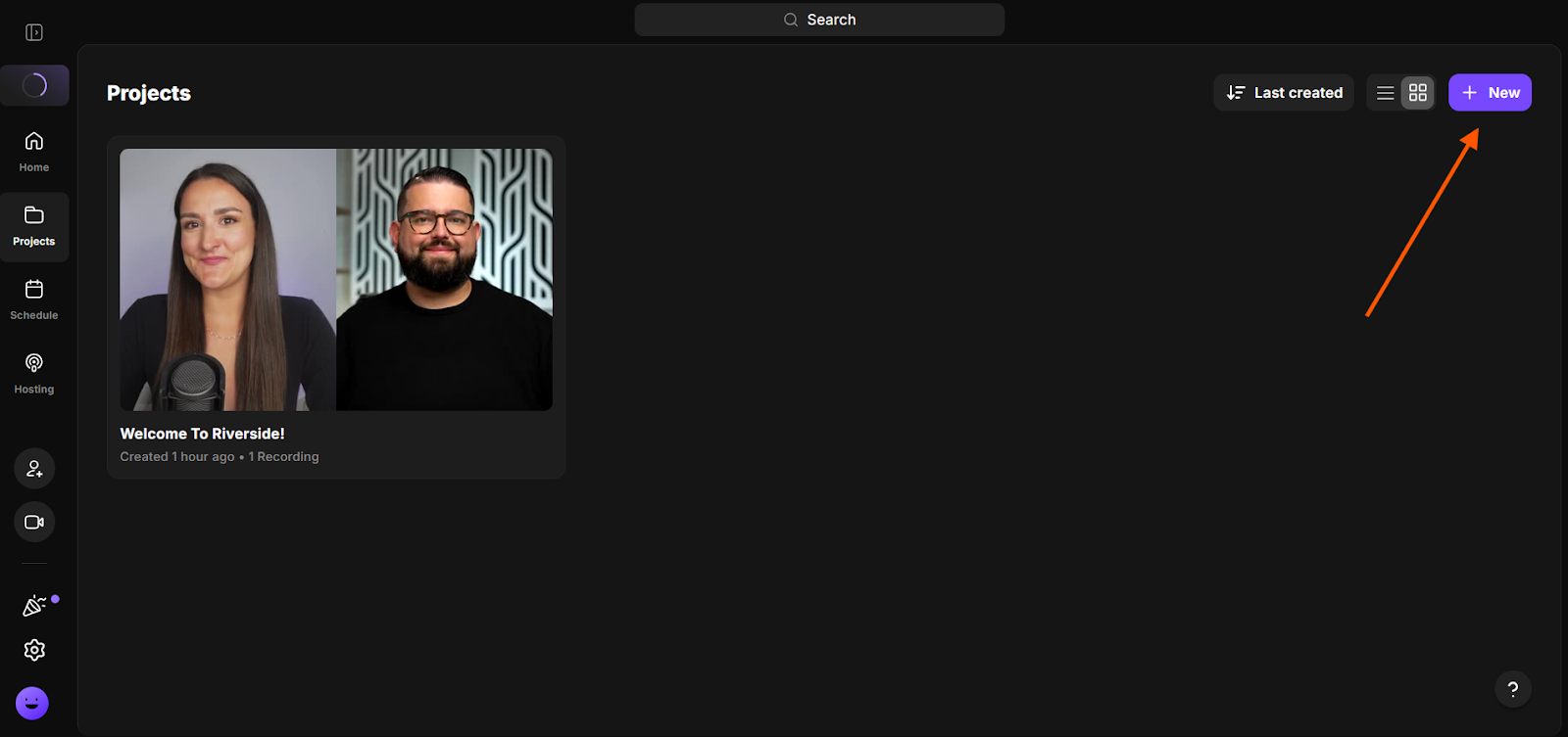 Riverside dashboard showing the "+ New" button highlighted to create a new audio and video studio project.