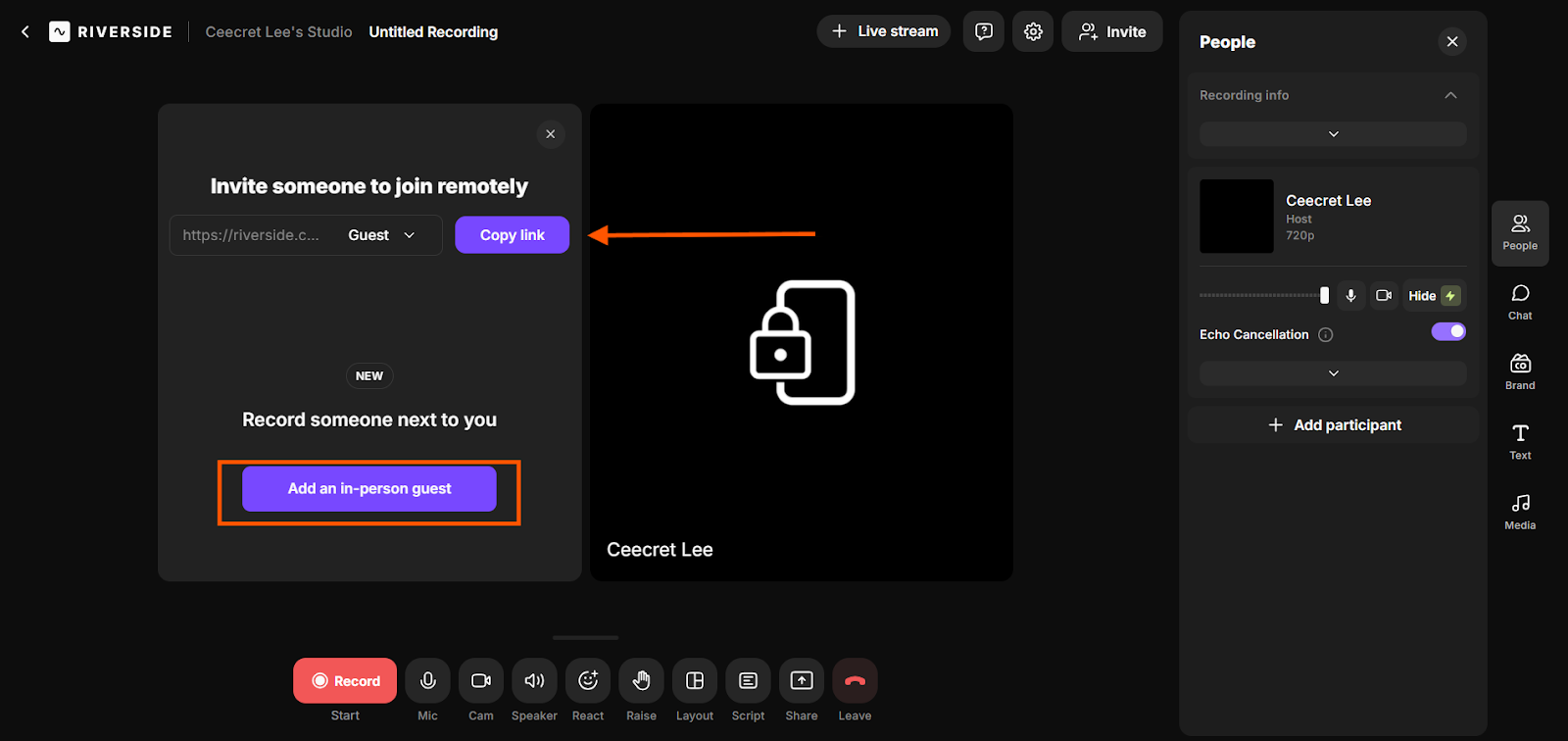 Riverside recording studio screen showing the “Invite someone to join remotely” panel with a copy link button to invite guests.