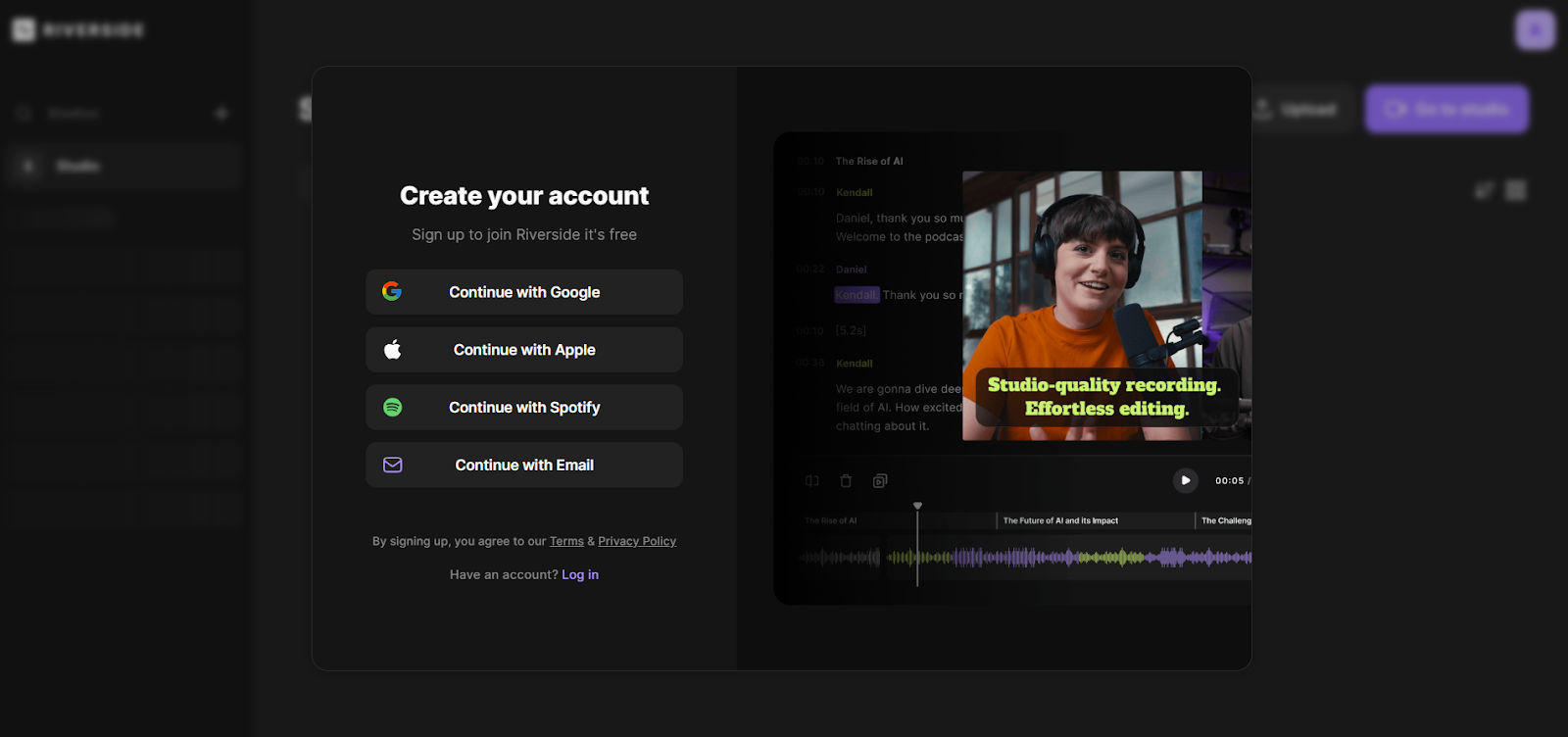 Sign-up page showing options to create an account using Google, Apple, Spotify, or email to start for free.