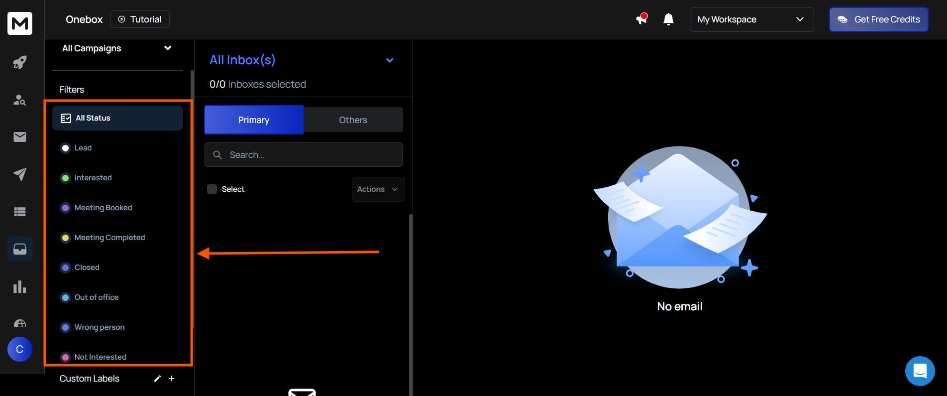 Unified inbox dashboard showing filtered email replies and lead statuses.