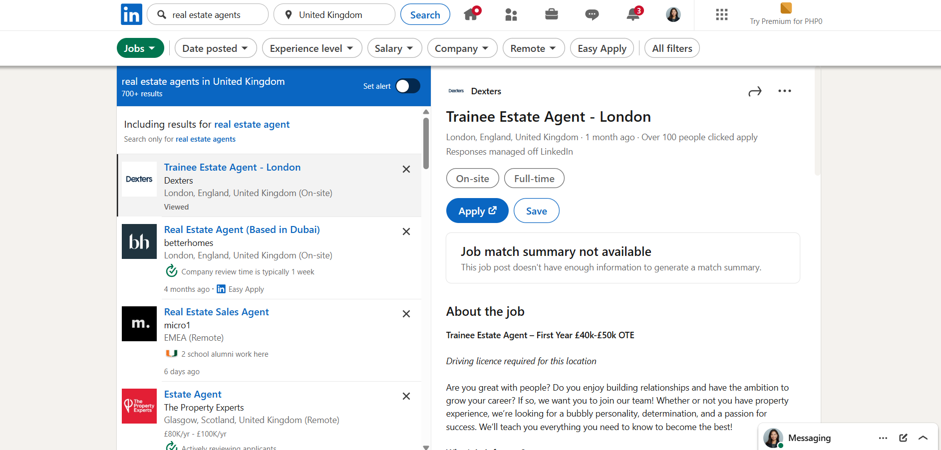 LinkedIn search showing real estate agent jobs in the United Kingdom.