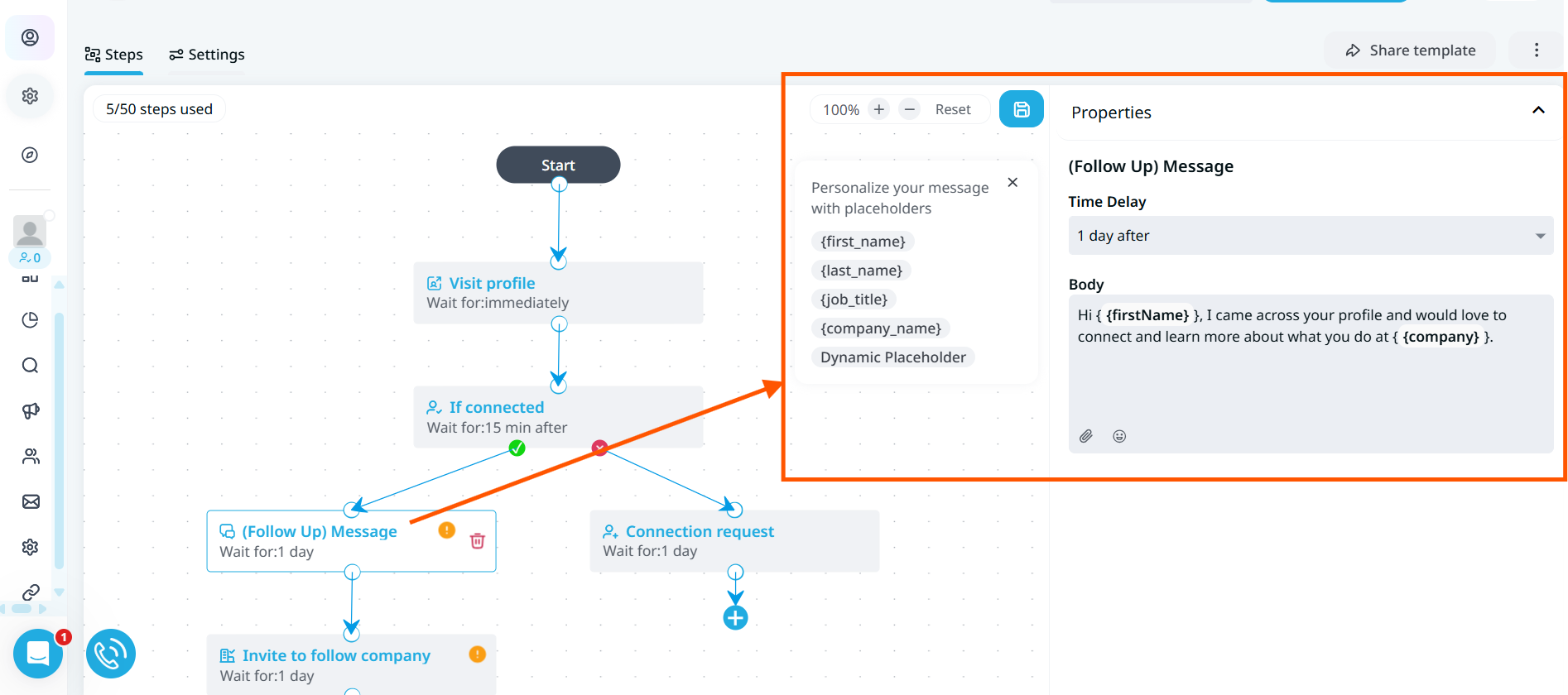 Expandi message editor using placeholders for first name and company.