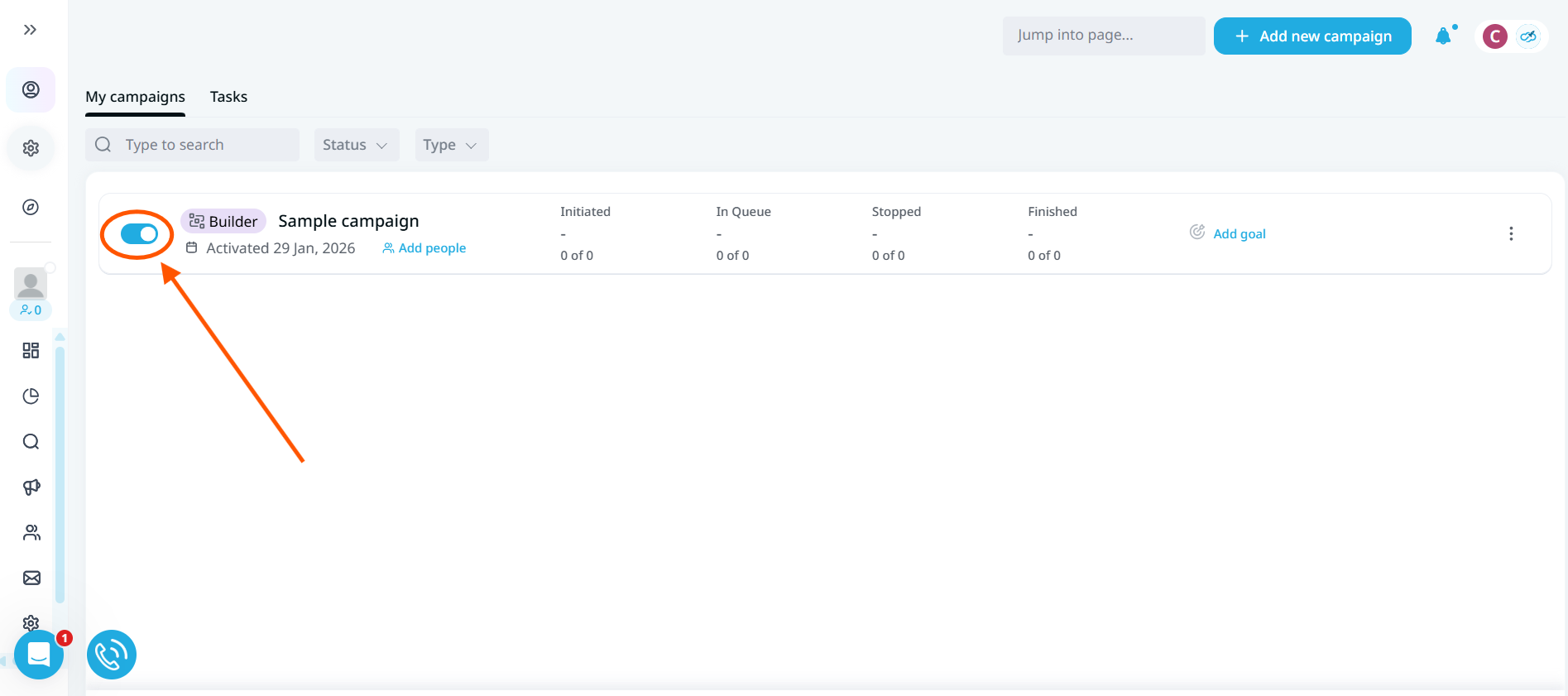 Expandi campaign list with a campaign switched on and running.