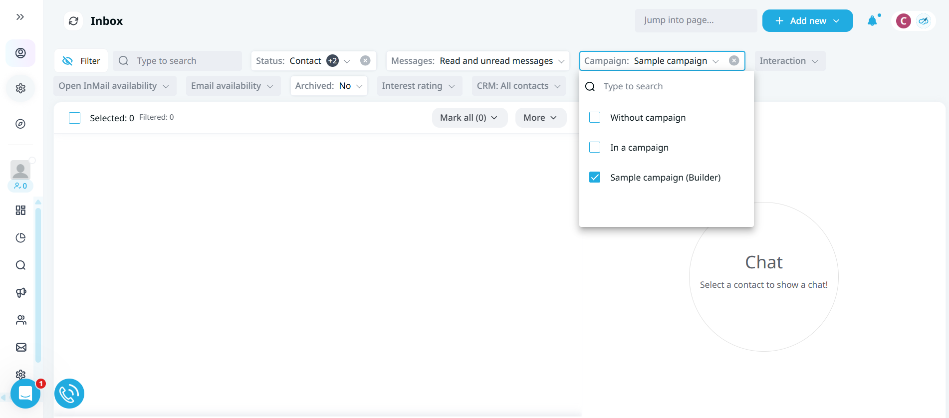 Expandi inbox showing campaign-filtered conversations and messages.