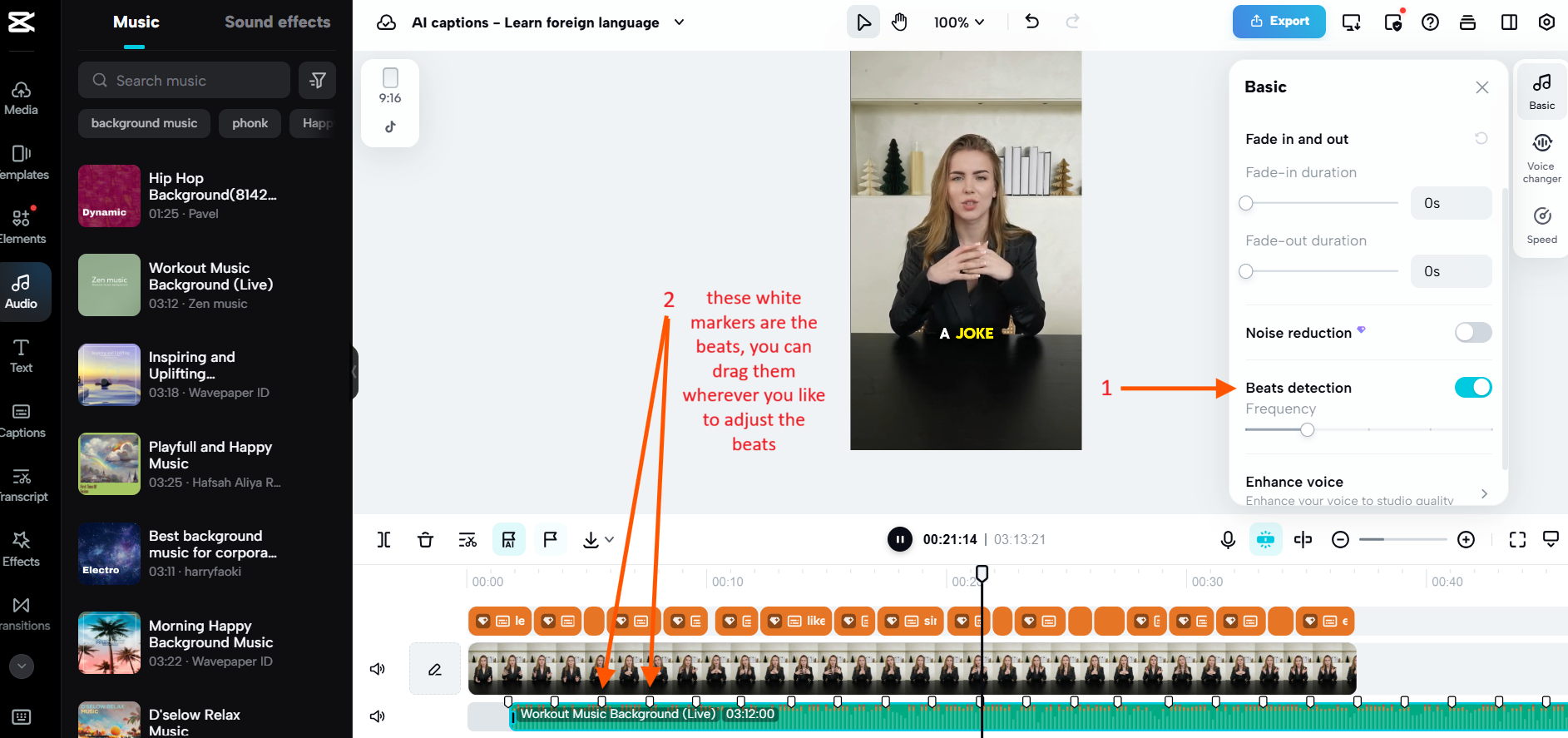 Opus Clip editor interface demonstrating AI beat sync with draggable markers for aligning cuts to the music beat.