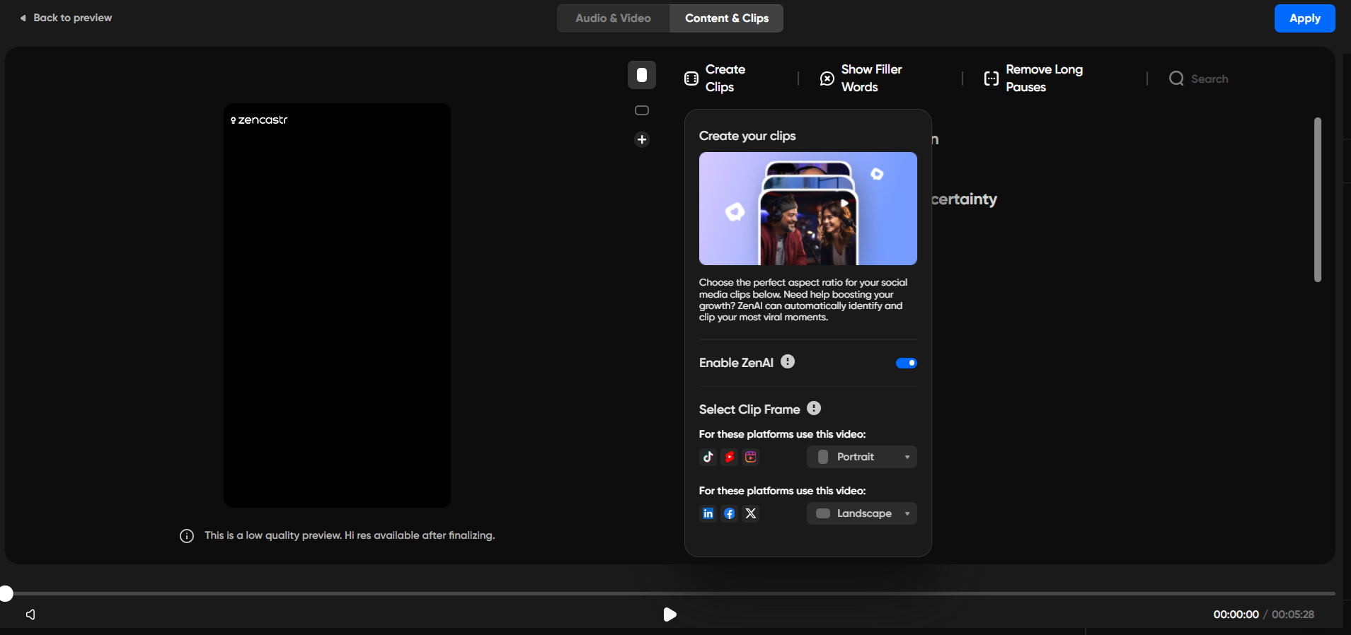 Zencastr content editor showing the ZenAI clip creation panel with options for social media formats and platforms.