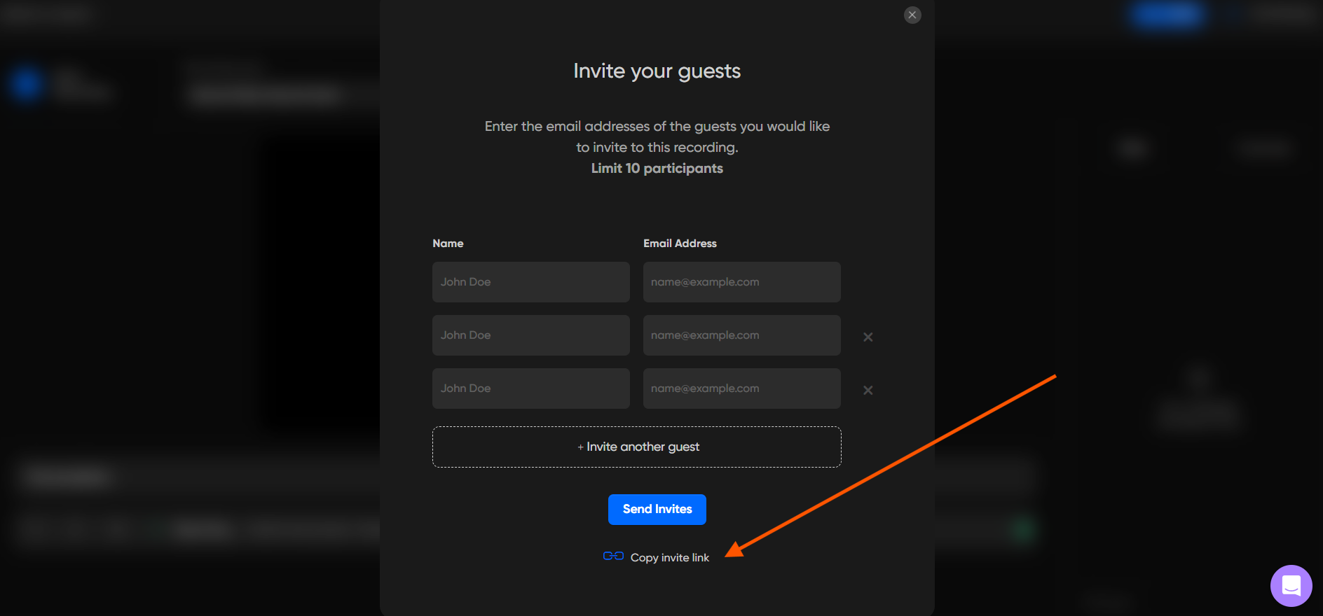 Zencastr “Invite your guests” window with name and email fields and a copy invite link option.