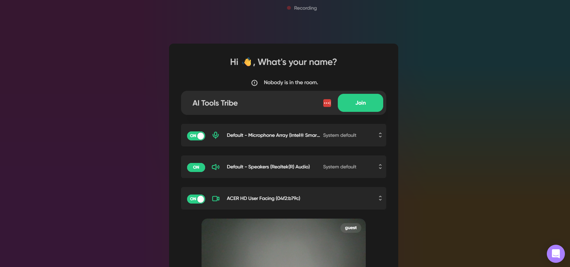 Zencastr setup screen showing audio and video device settings before joining a recording session.
