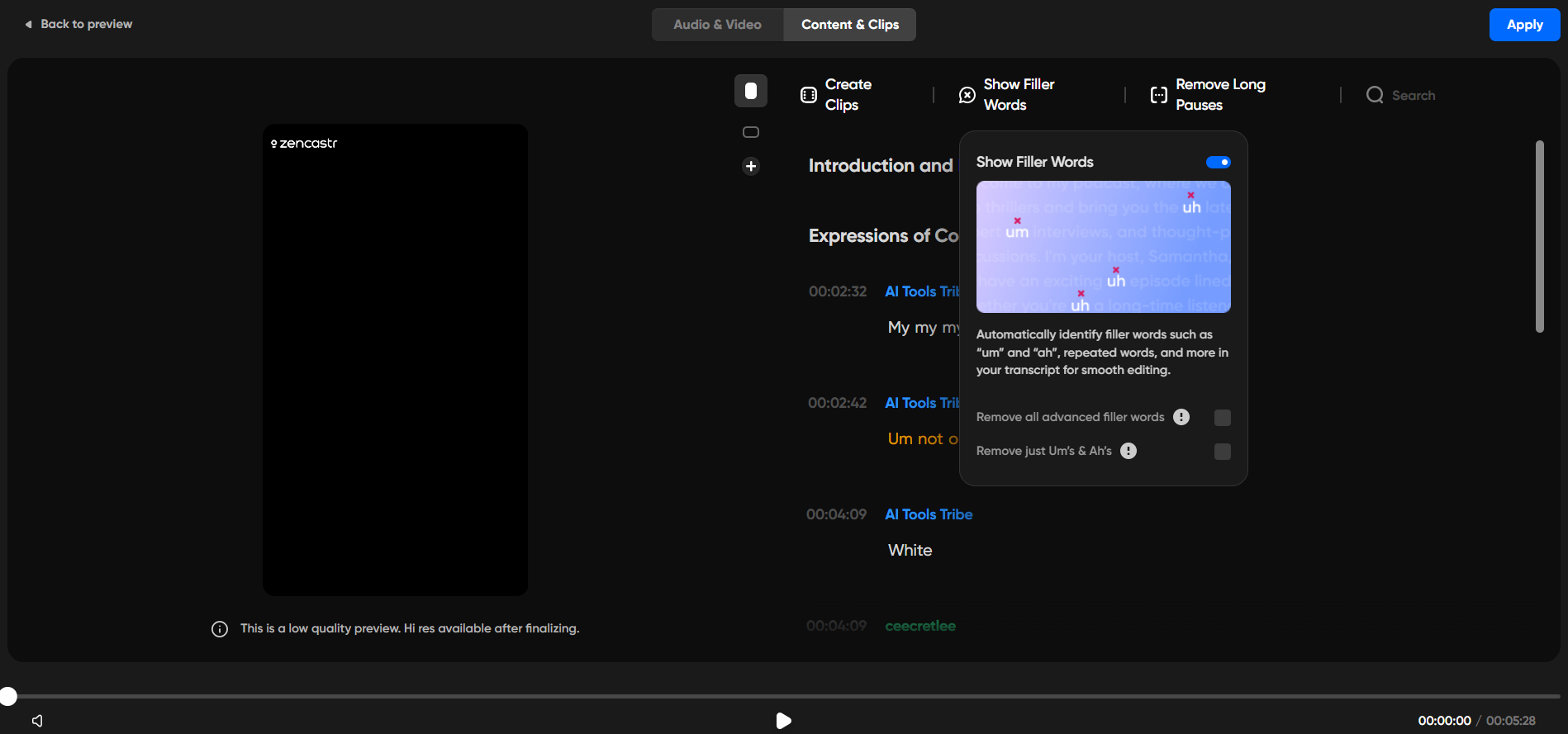 Zencastr editor showing the ZenAI panel with options to detect filler words and apply audio enhancements.
