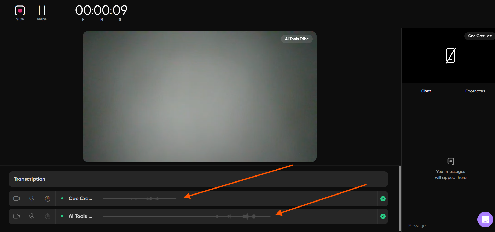 Zencastr recording interface displaying individual audio waveforms for multiple participants during a session.
