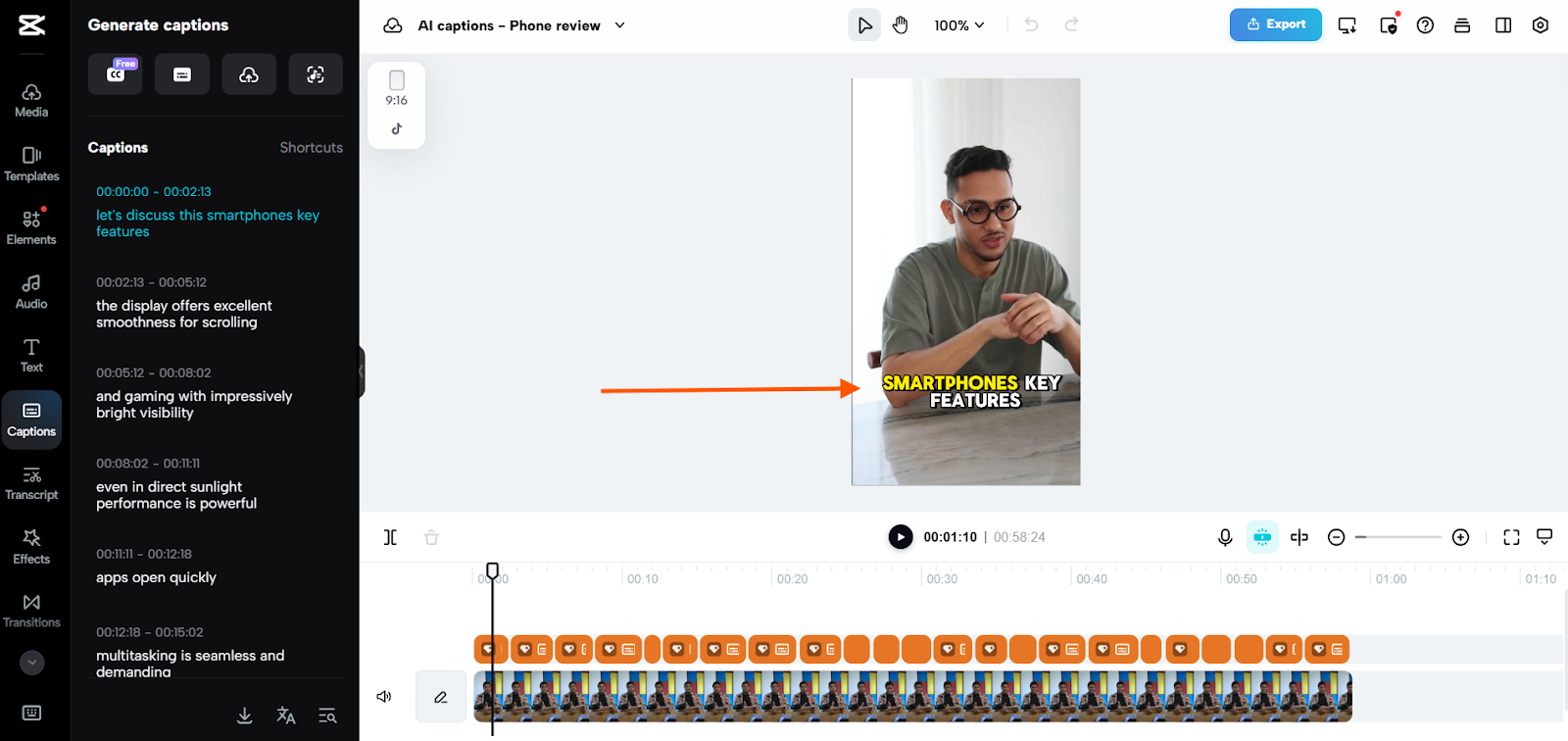 Screenshot of CapCut's editor that focuses on its Auto-caption generation feature.