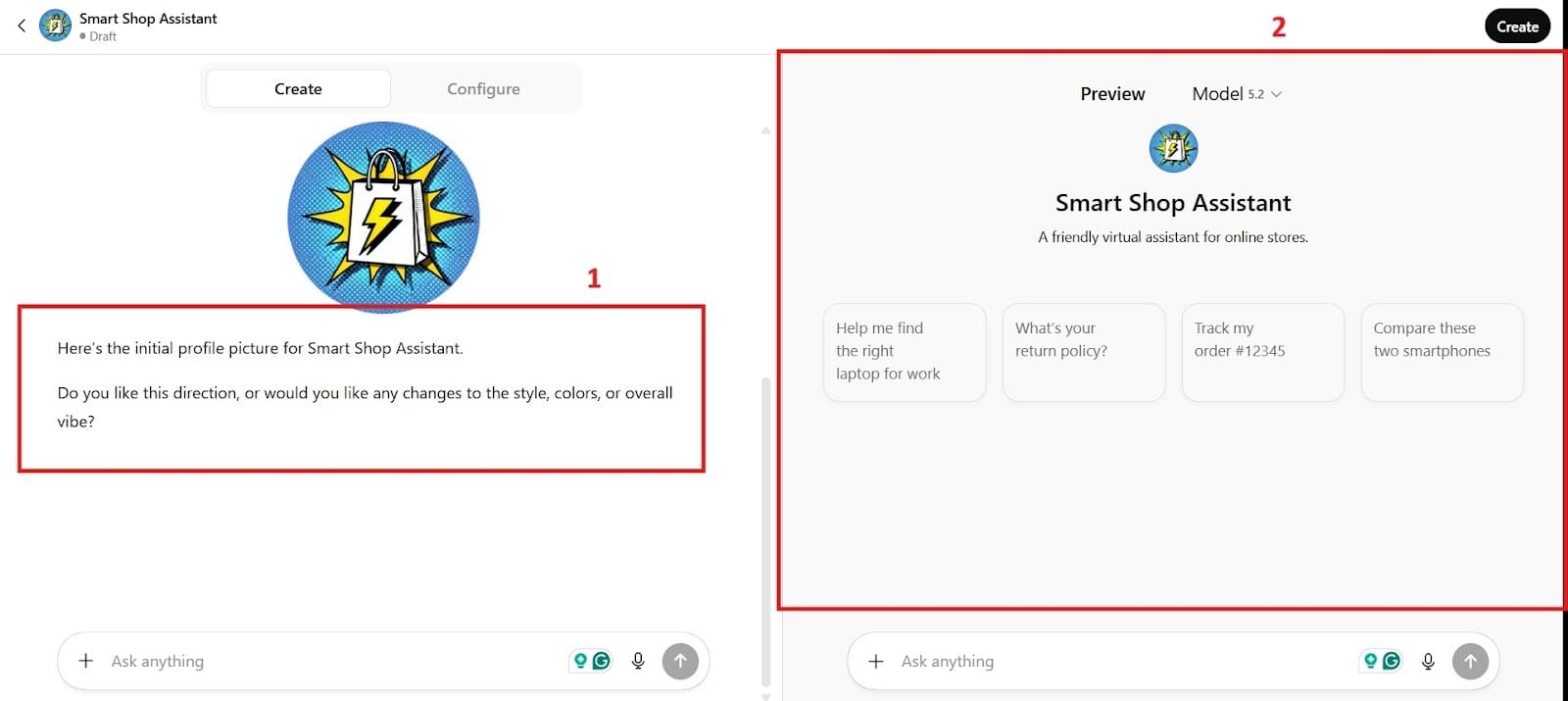 GPT Builder showing profile image customization with a preview of the Smart Shop Assistant chatbot.