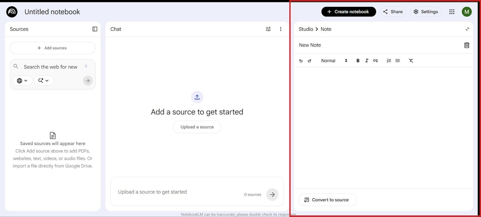 NotebookLM interface showing the “Add Note” section highlighted in a red box.