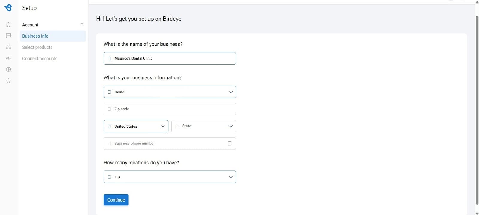 Onboarding form interface with fields for entering dental clinic information.