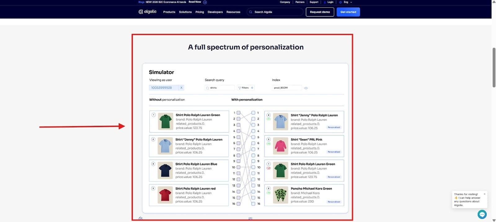 Algolia dashboard showing a simulator comparing search results with and without personalization.