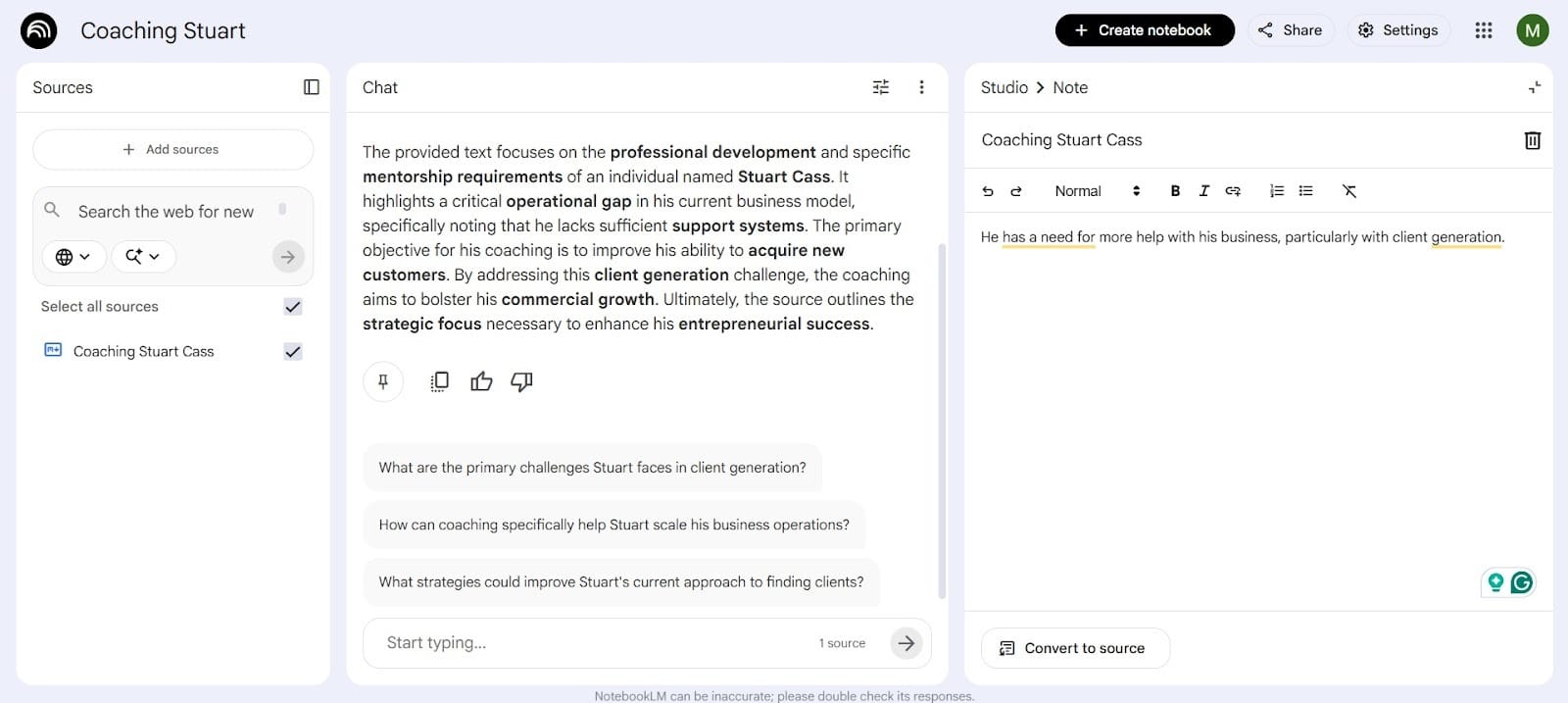AI notebook analyzing documents to create summaries, timelines, FAQs, and action plans from provided sources.