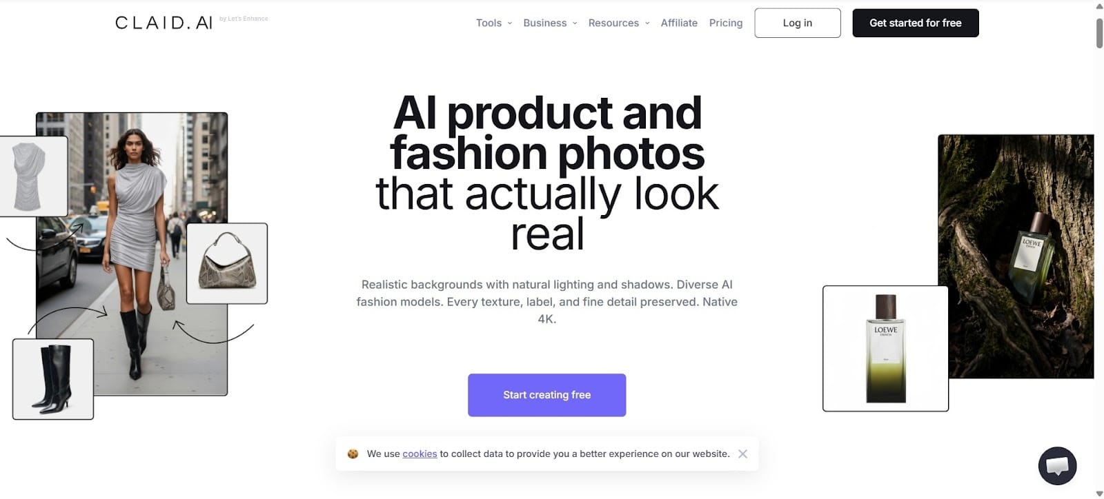 CLAID AI homepage showing AI-generated product and fashion photography tools.