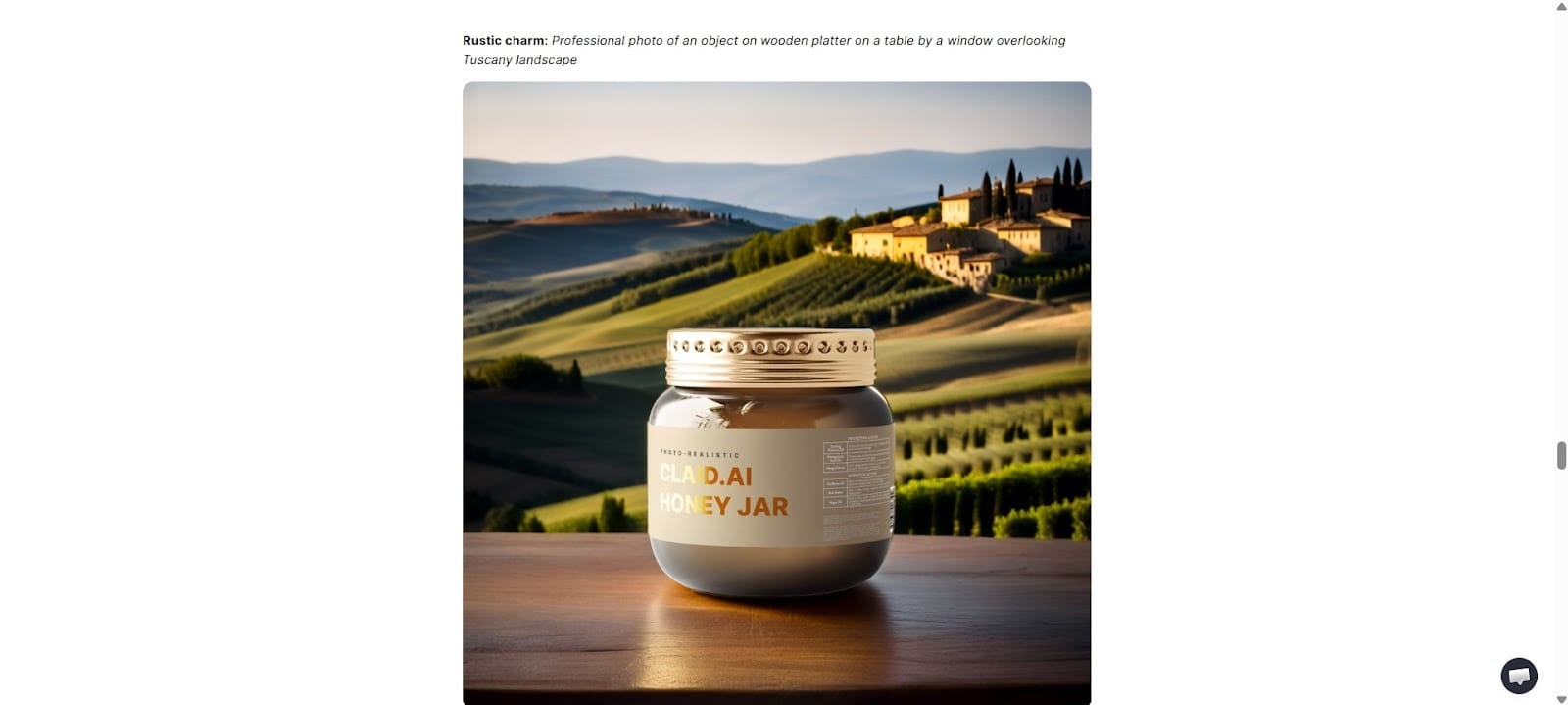 AI-generated product image of a honey jar on a wooden table with a Tuscany landscape background.