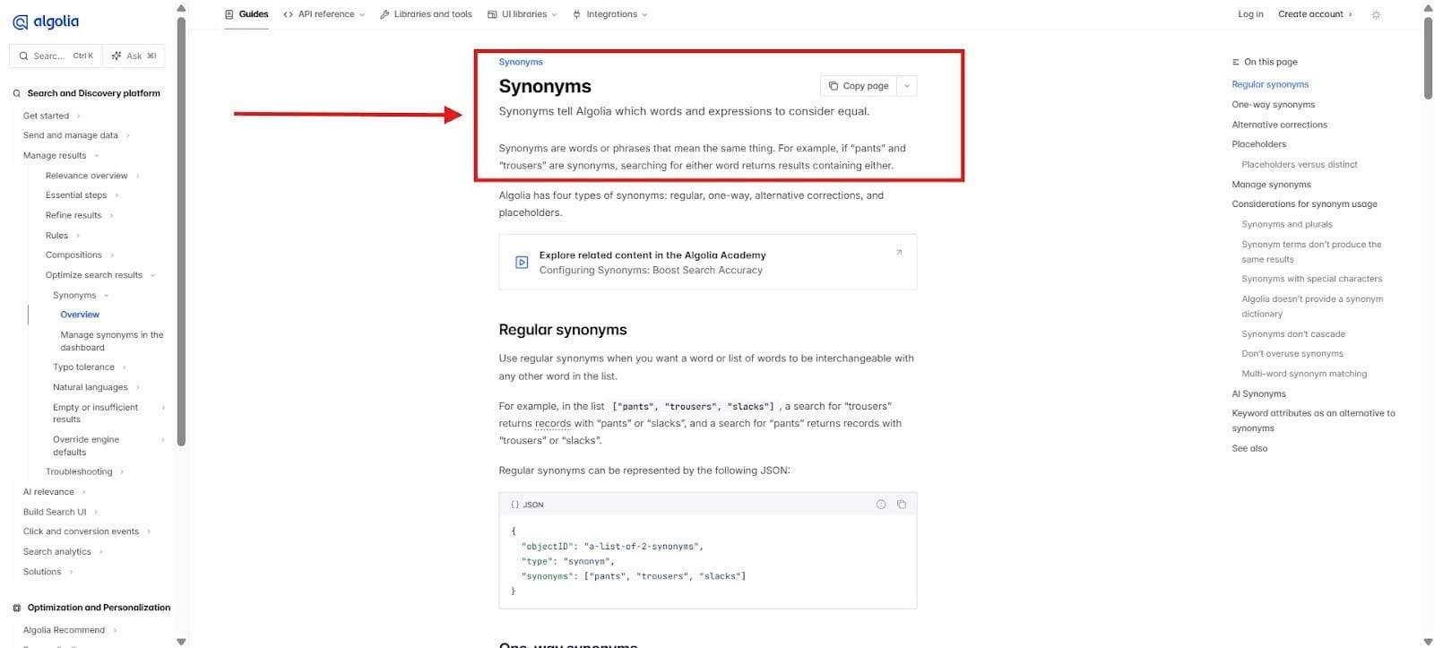 Algolia documentation page showing the “Synonyms” guide for improving search results.