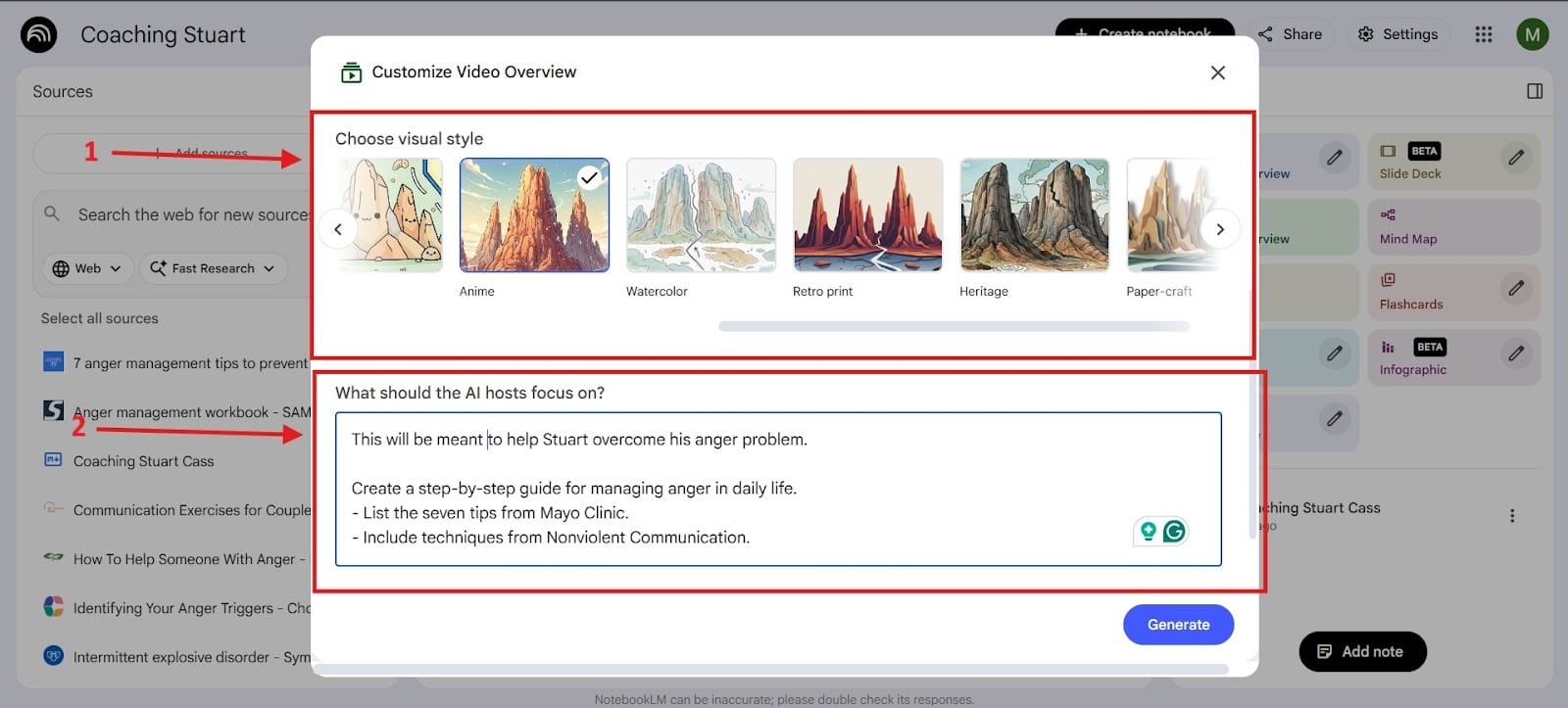 AI video interface with options to customize style and present coaching content, free to create videos
