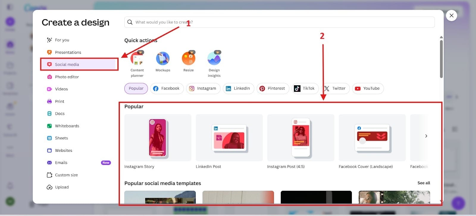 Canva interface showing menu options for selecting social media templates for real estate marketing.