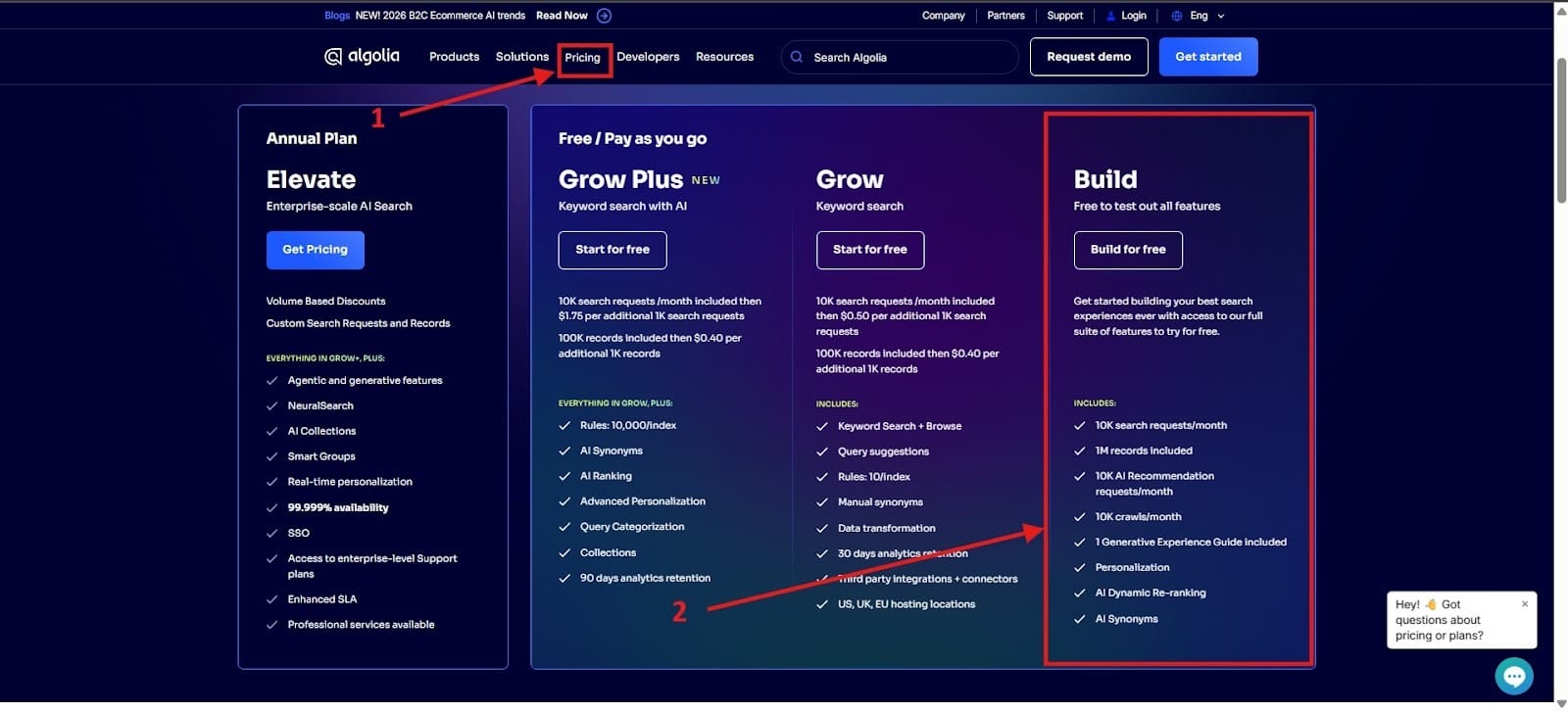 Algolia pricing page showing multiple plans, including the Build plan for free testing.