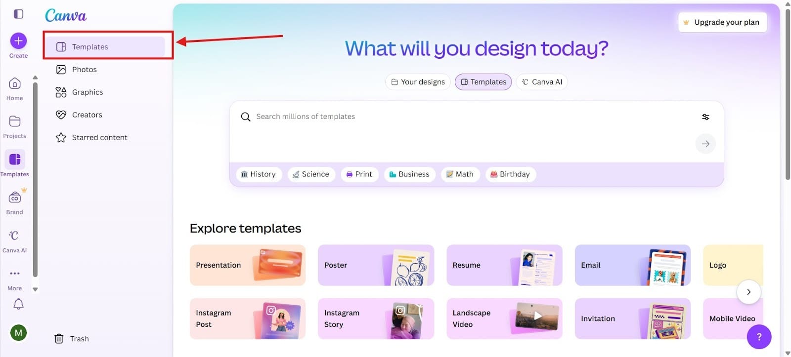 Canva dashboard showing the Templates section with design options for posts, logos, and marketing materials.