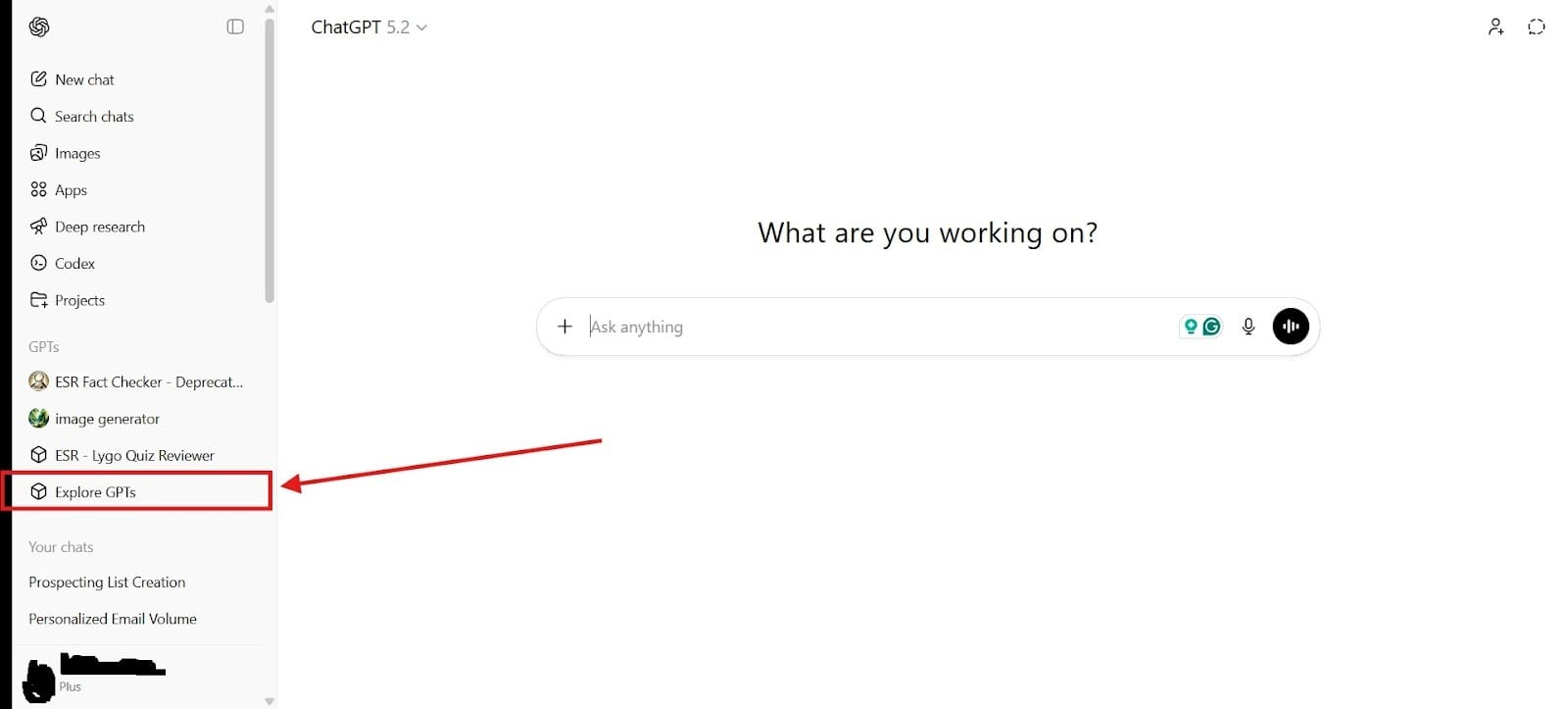 Screenshot of the ChatGPT interface with the “Explore GPTs” option highlighted in a red box.