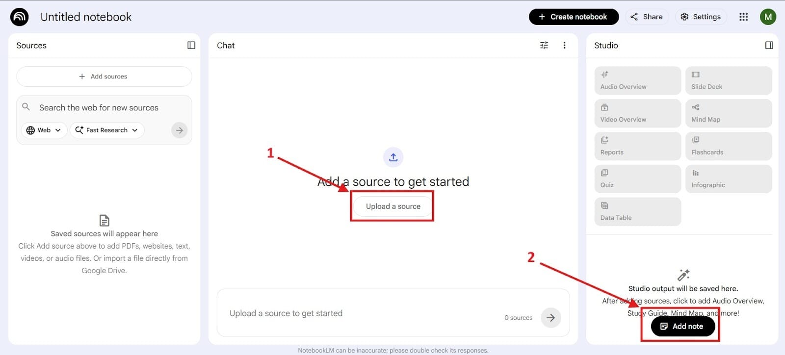 Interface showing two highlighted options labeled “Upload a Source” and “Add Note.”