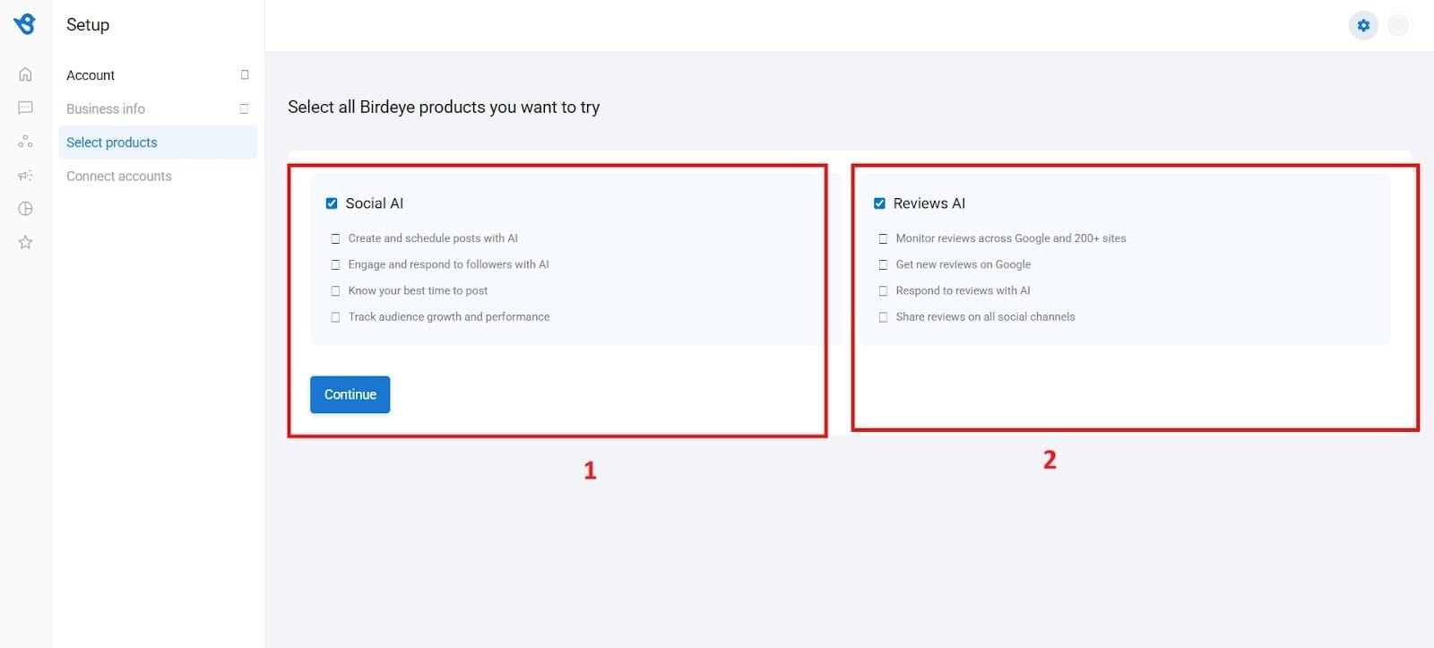 A software interface screen titled "Select Products" showing multiple service options.