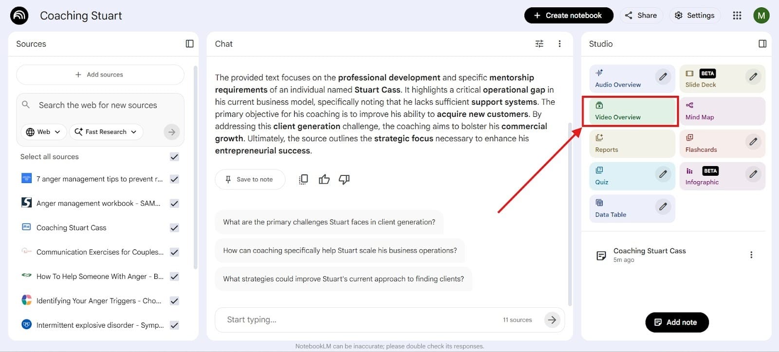 Interface highlighting the “Video Overview” section for creating AI-generated videos from content