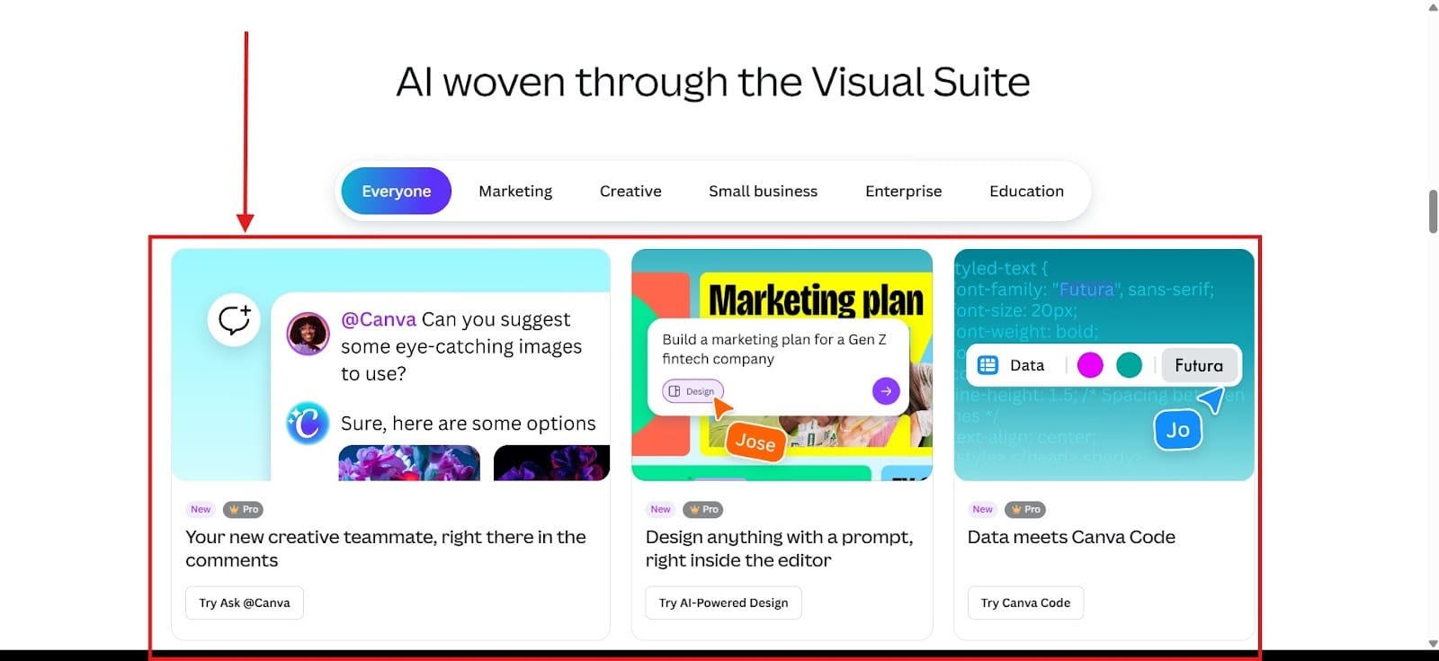 Canva Visual Suite page showing Magic Studio tools for AI design, editing, and content generation.