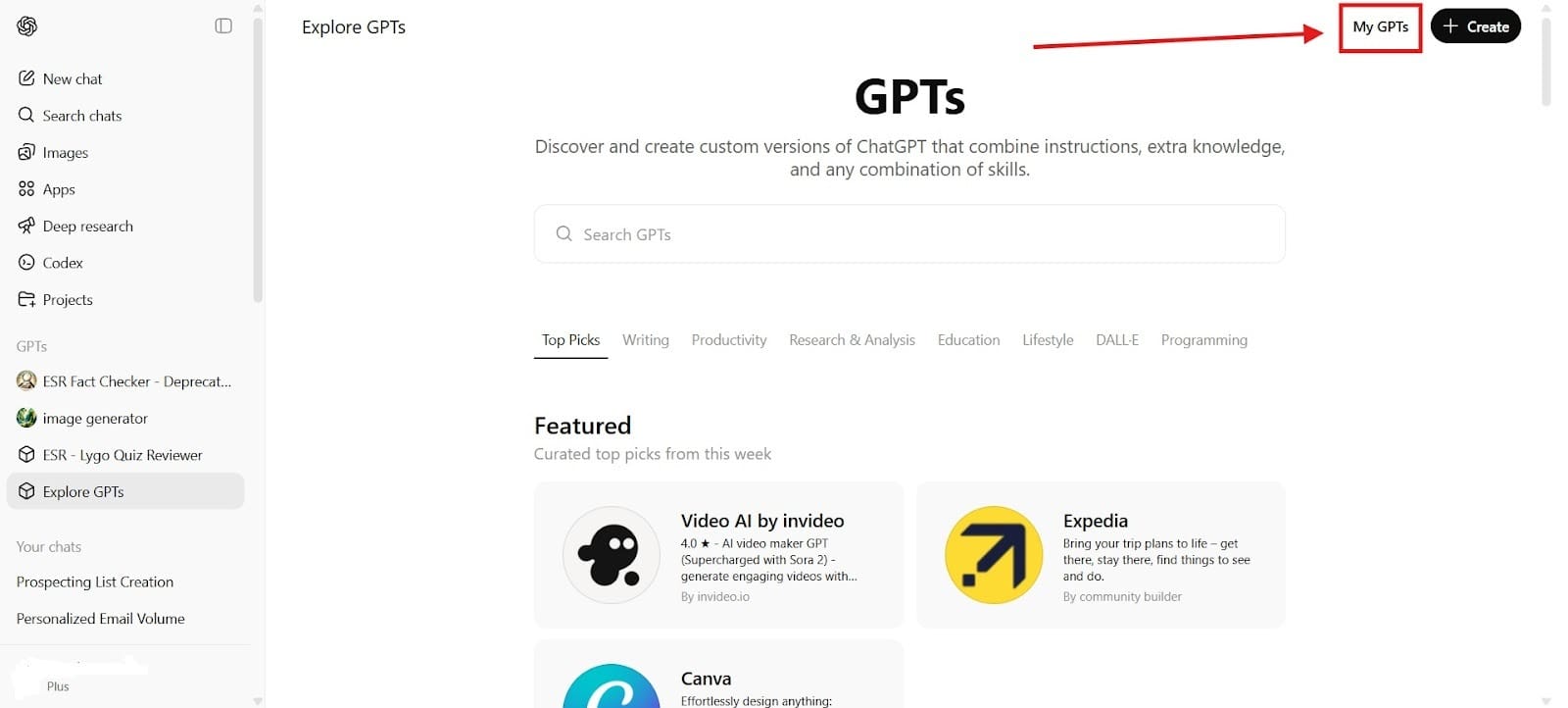 ChatGPT interface showing the “My GPTs” section in the upper right corner.