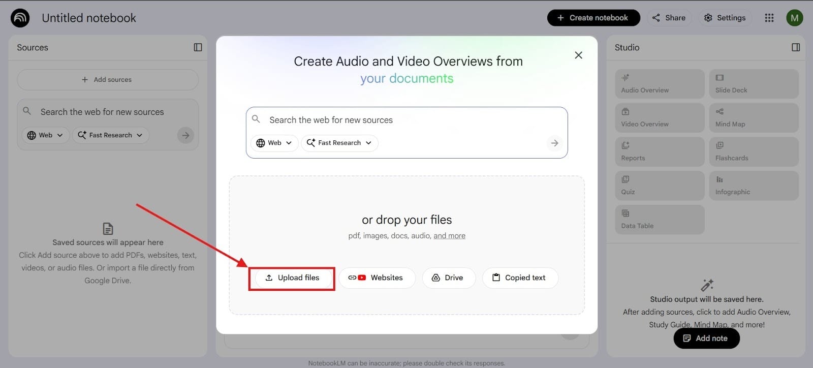 Screenshot of an interface with the “Upload a Source” section in the center highlighted by a red box.