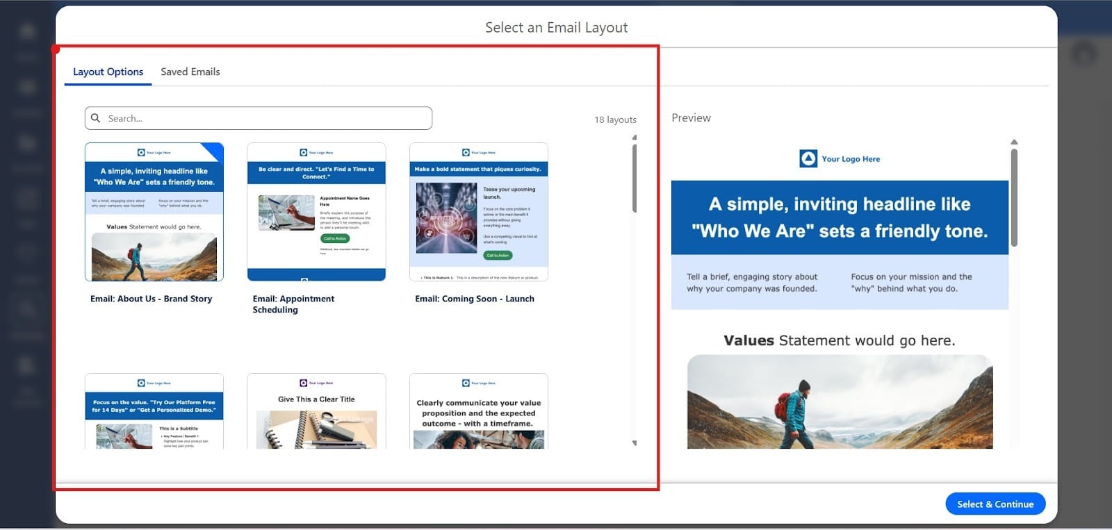 Here you see the email layout options.