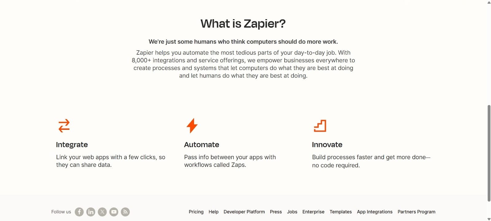 Zapier webpage explaining integrations, automation, and workflow creation using Zaps.