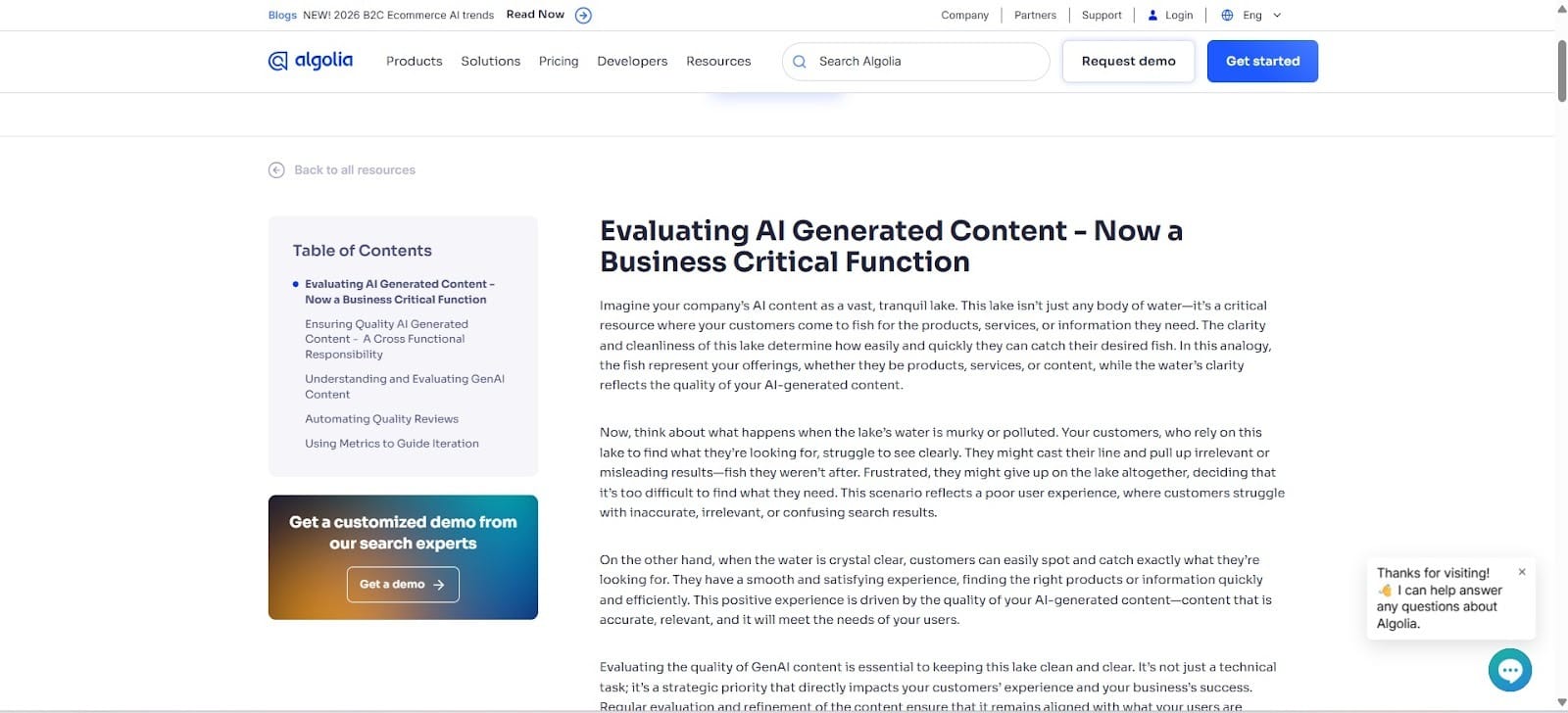 Algolia webpage showing an article titled “Evaluating AI Generated Content.