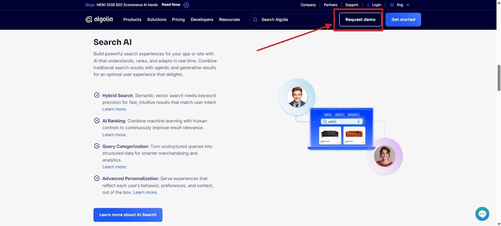 Algolia Search AI webpage showing features and a highlighted “Request demo” button.