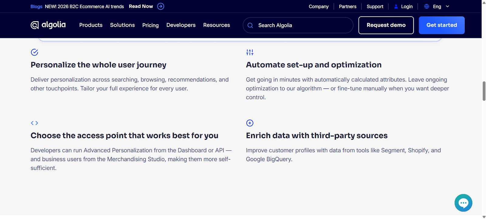 Algolia webpage highlighting personalization, automation, and third-party data integration features.